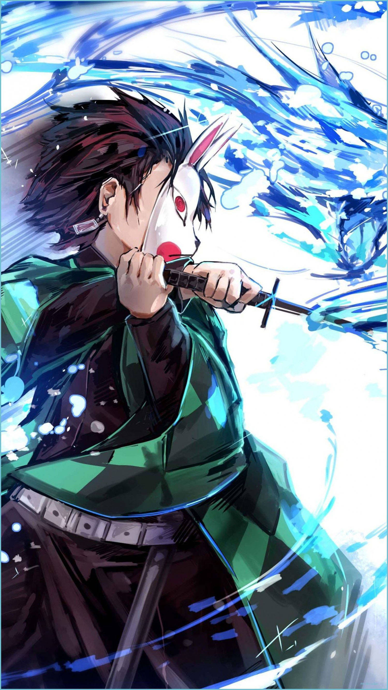 tanjiro pfp 桌布 壁紙 — 一位戴著兔子面具的動漫戰士在旋轉的藍色水和飛濺中揮舞著劍。