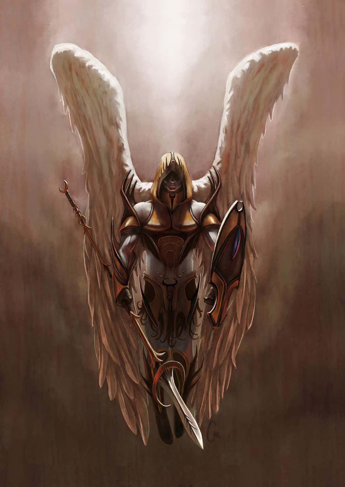 Saint Michael 桌布 壁紙 — 一位戴著兜帽、身穿盔甲的天使，擁有巨大的羽毛翅膀，在朦朧的暖光中手持劍和盾牌。