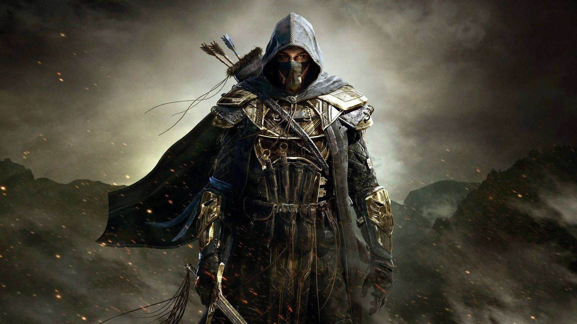 The Elder Scrolls V Skyrim 桌布 壁紙 — 一位戴著兜帽、身穿華麗盔甲的戰士，在暴風雨的天空下，周圍漂浮著餘燼，傲然挺立。