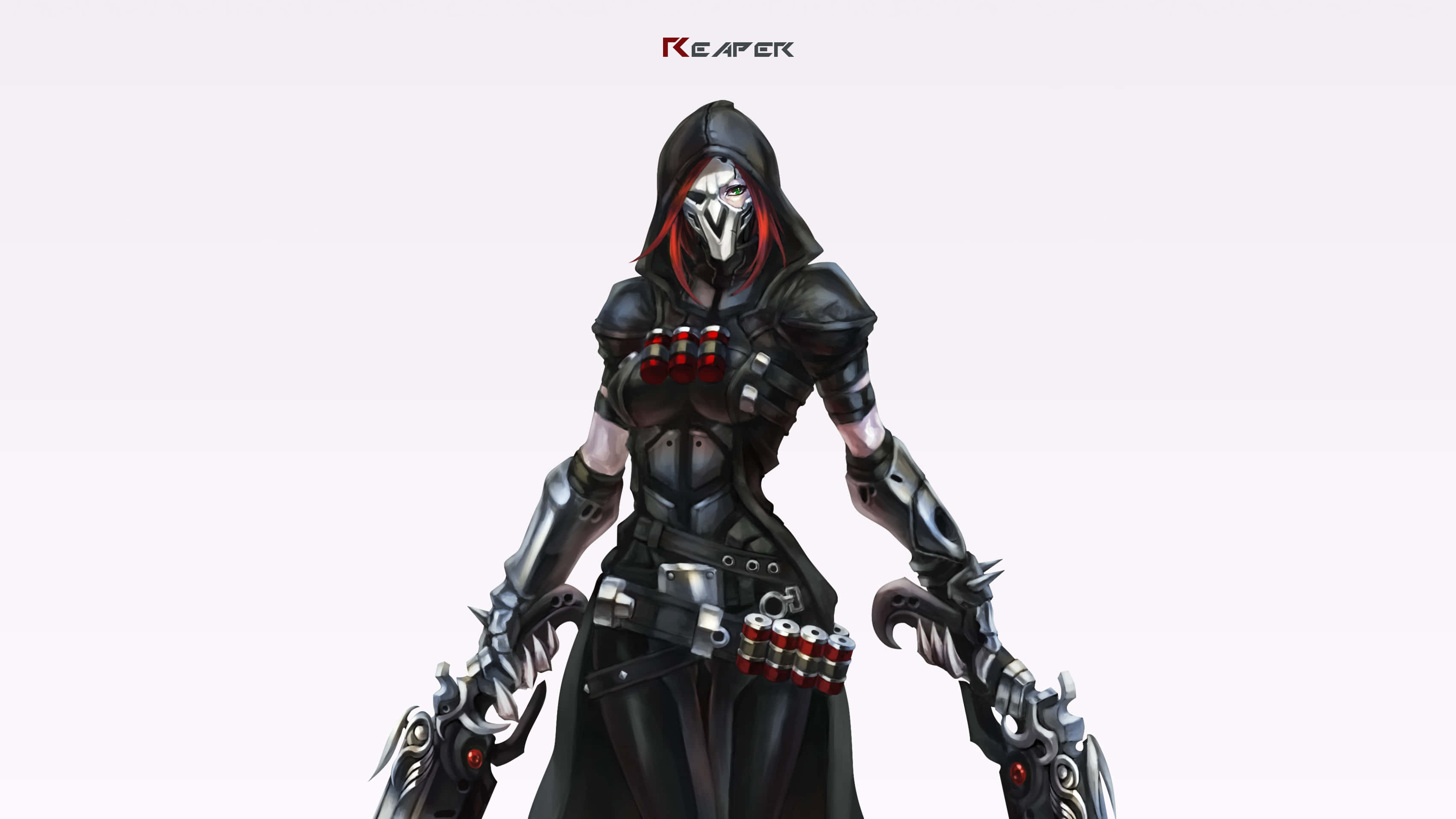 HD Overwatch 桌布 壁紙 — 一位戴著兜帽、身穿黑色盔甲並帶有紅色點綴的女性刺客，手持兩把華麗的槍支，站在純白色背景前。
