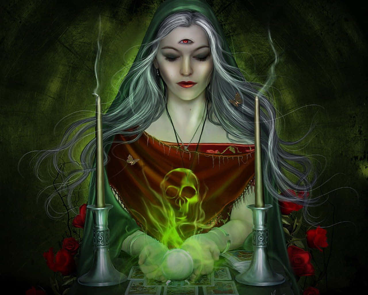 Dark Witch 桌布 壁紙 — 一位戴著兜帽、銀髮、擁有第三隻眼的女巫，從被蠟燭和紅玫瑰環繞的發光球體中引導綠色魔法。