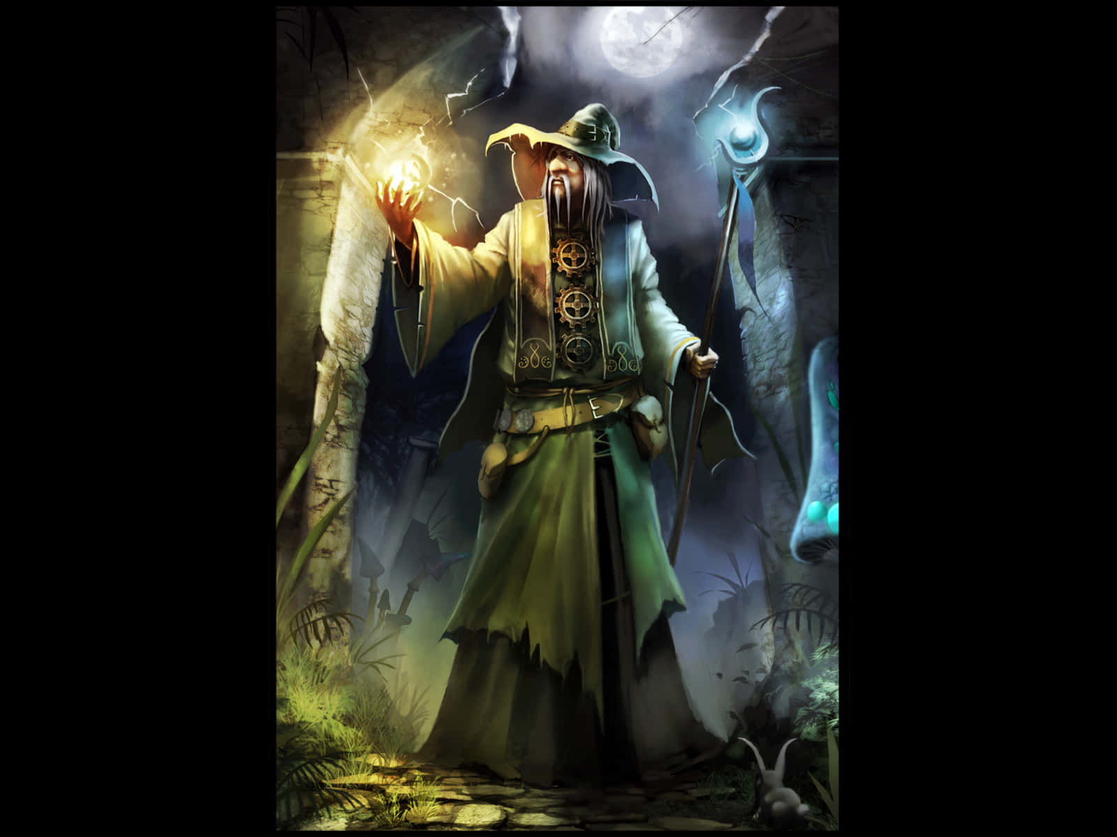 wizard 桌布 壁紙 — 一位戴著兜帽、長鬍鬚的巫師在夜間霧氣瀰漫的森林中施展發光的魔法。