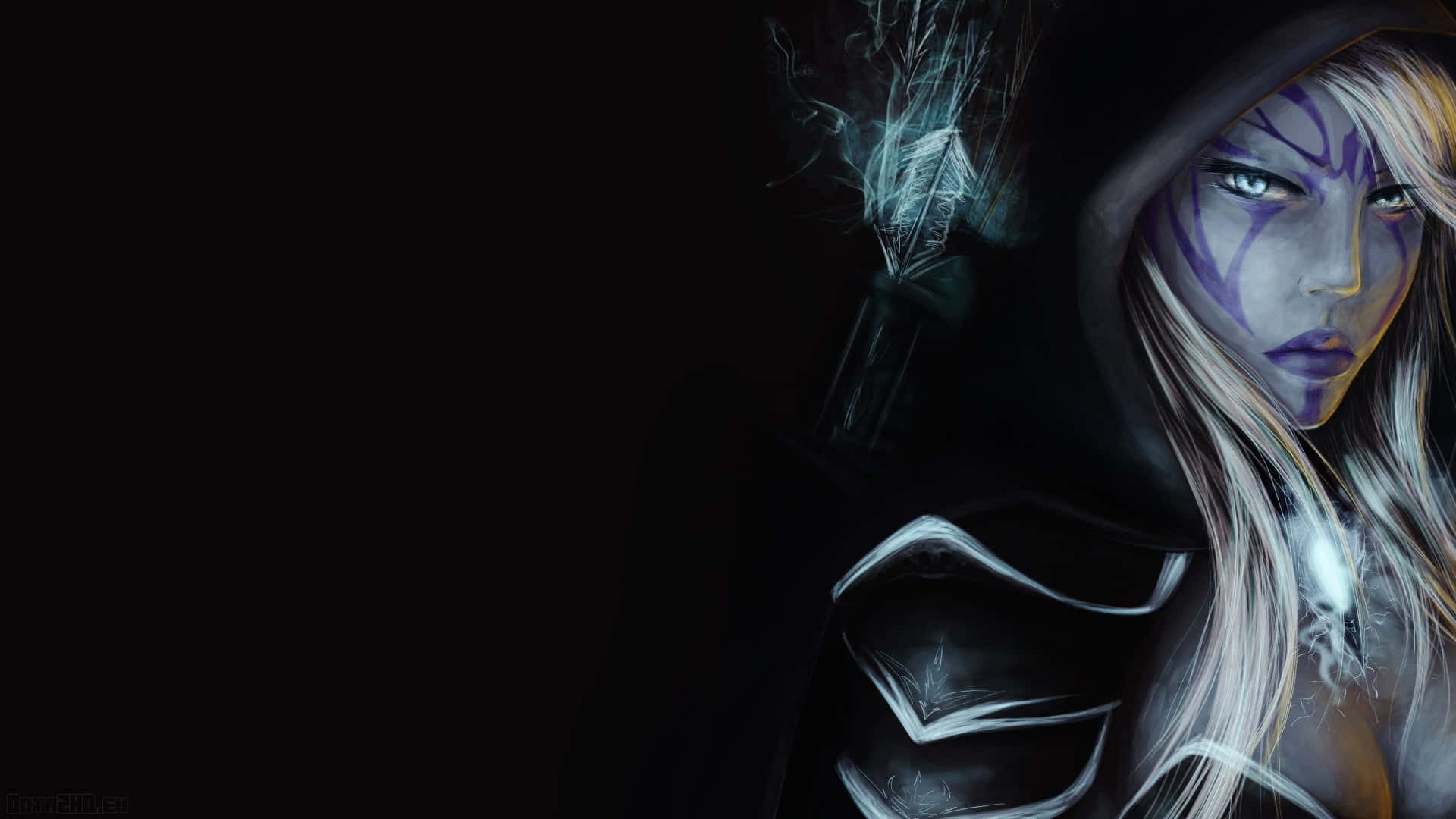Dota 2 Heroes 桌布 壁紙 — 一位戴著兜帽的奇幻女性，擁有發光的眼睛和紫色臉部彩繪，站在黑暗中，周圍環繞著縹緲的煙霧。