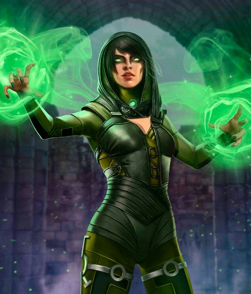 Enchantress 桌布 壁紙 — 一位戴著兜帽的女性法師在黑暗的石拱門中引導發光的綠色能量，發光的粒子在她周圍旋轉。