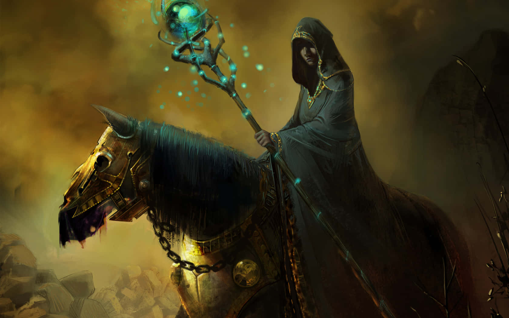 Magic Spell 桌布 壁紙 — 一位戴著兜帽的巫師騎著披甲戰馬，揮舞著發光的藍色法杖穿過煙霧彌漫的戰場。