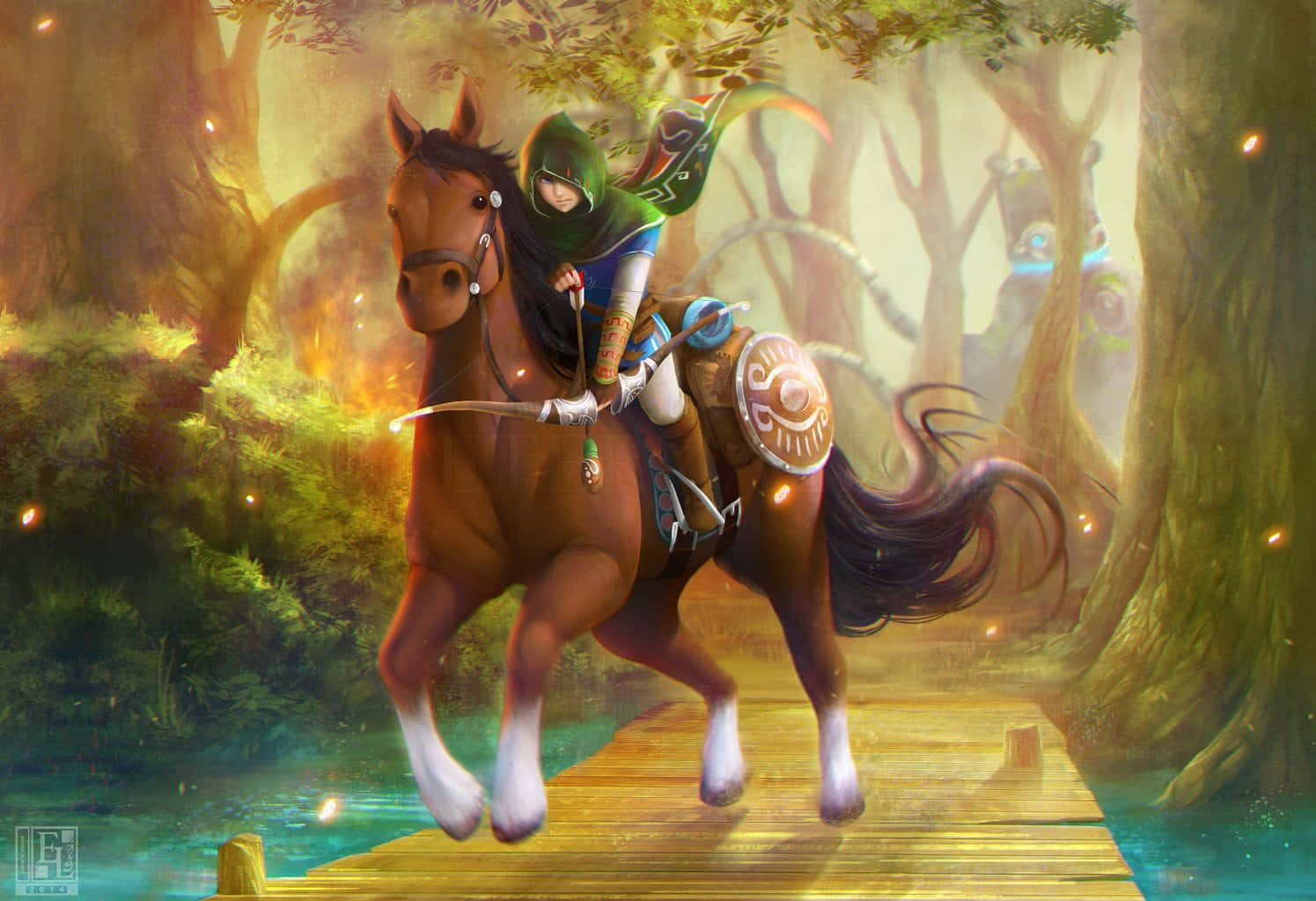 The Legend Of Zelda Epona 桌布 壁紙 — 一位戴著兜帽的弓箭手騎著奔騰的馬匹穿過一座木橋，穿越迷霧籠罩、閃耀著金色光芒的魔法森林。