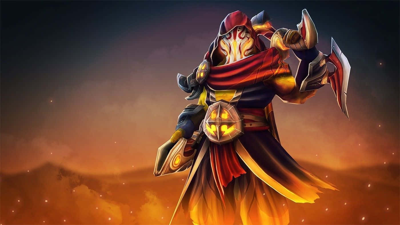 電玩遊戲 桌布 壁紙 — 一位戴著兜帽的戰士，雙眼發光，披著火焰般的斗篷，在暮色天空和遠山的背景下蓄勢待發。