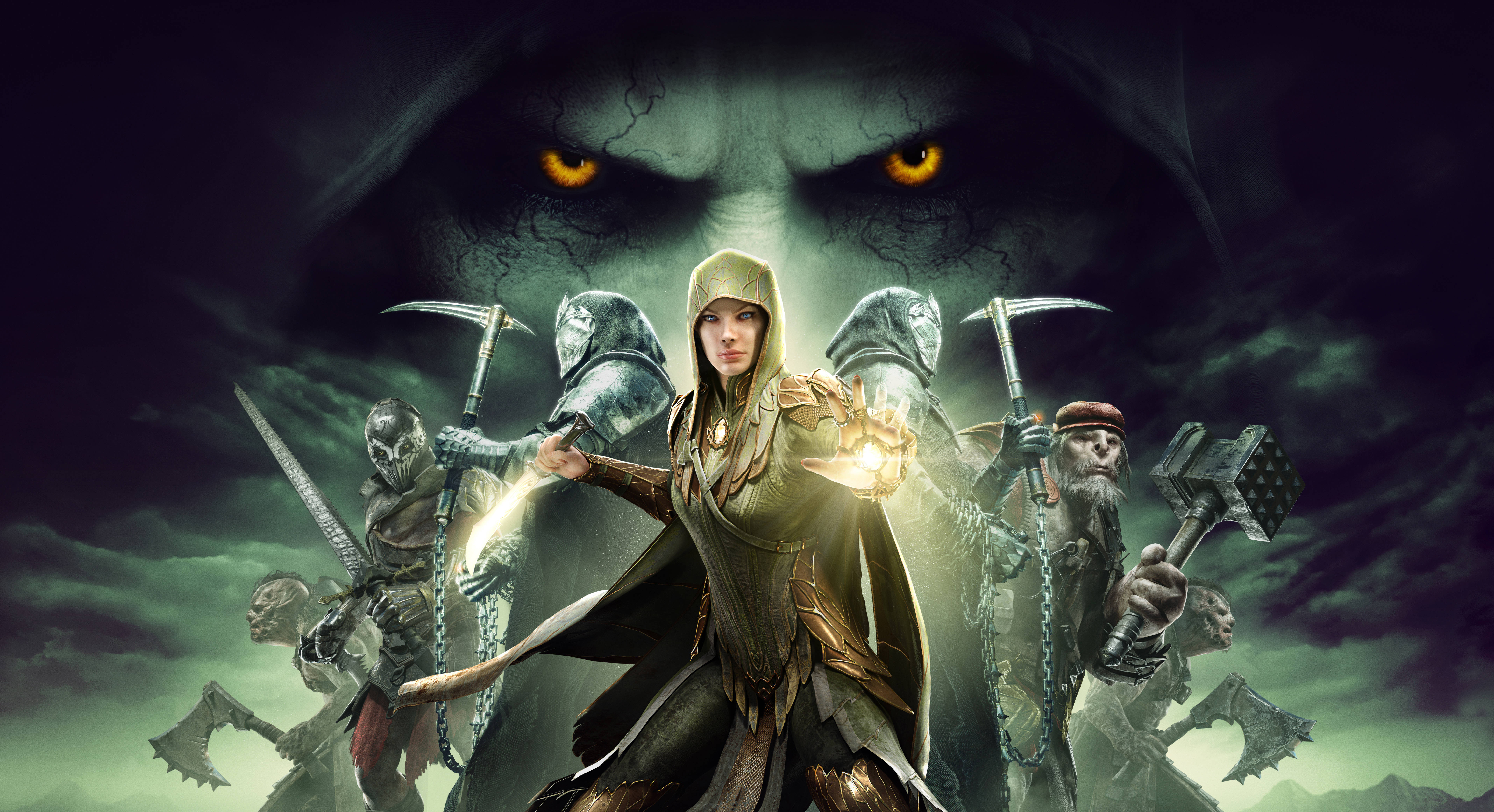 middle earth shadow of war 桌布 壁紙 — 一位戴著兜帽的戰士引導發光的魔法，骷髏戰士在她兩側，下方是一個帶有發光橙色眼睛的惡魔面孔。