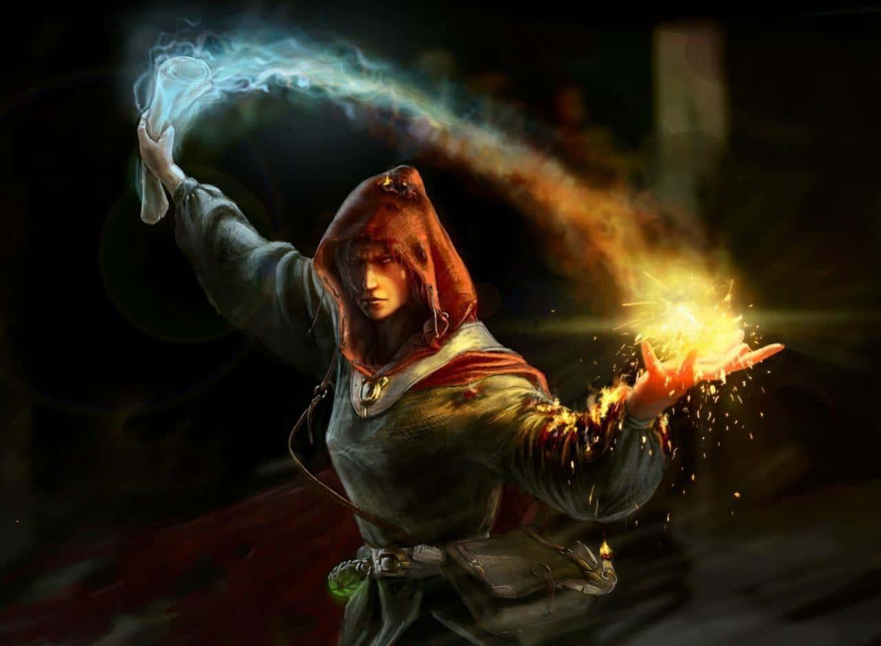 Wizardry 桌布 壁紙 — 一位戴著兜帽的法師在戲劇性的奇幻決鬥中引導冰與火的對立元素力量。