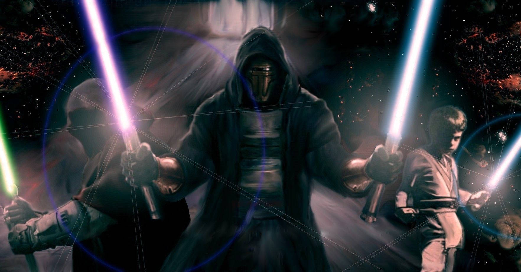 Revan 桌布 壁紙 — 一位戴著兜帽的絕地大師揮舞著藍色光劍，兩旁是年輕的學徒，身處充滿發光能量效果的宇宙星空中。
