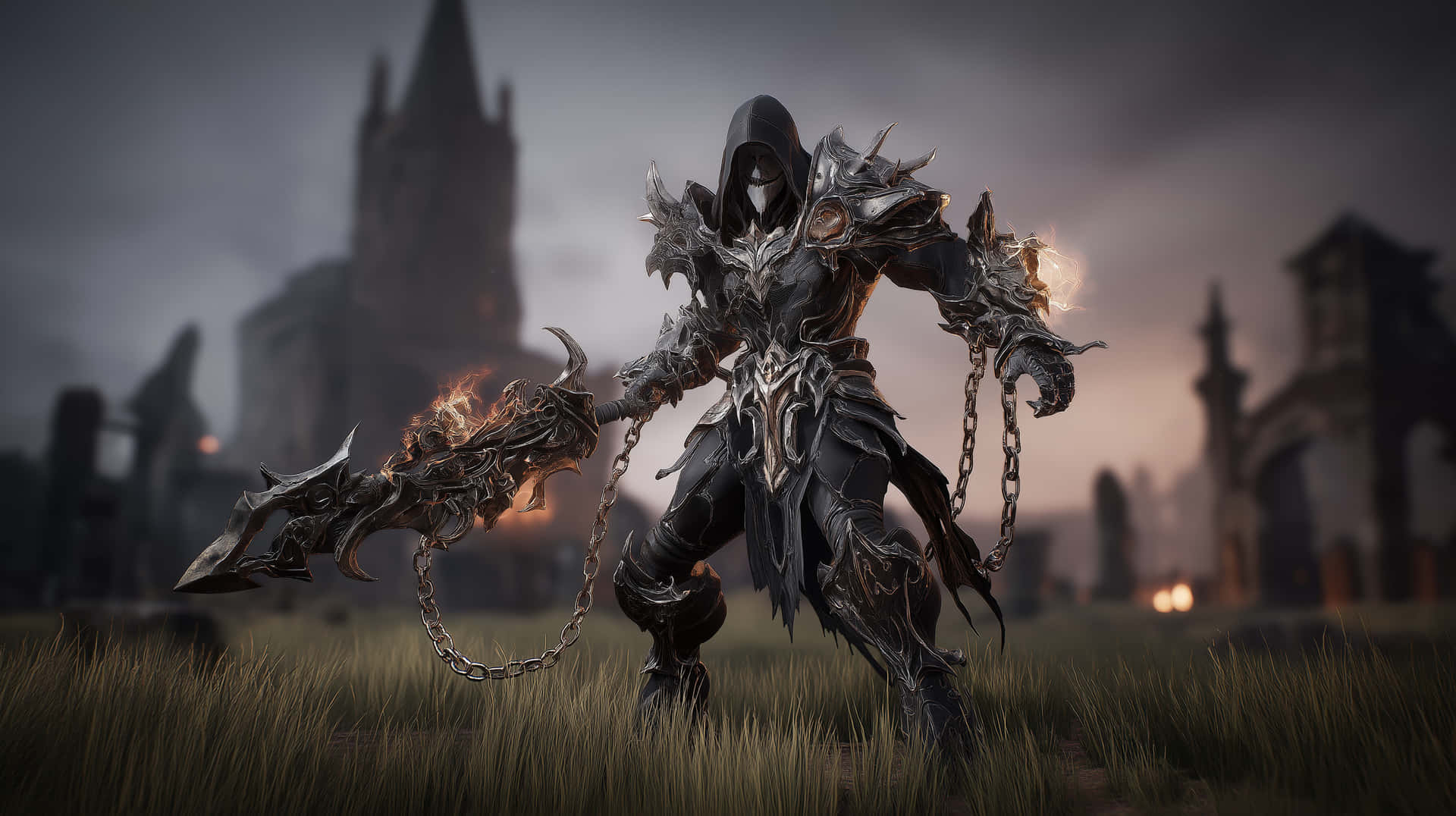Armored Warlord with Fiery Weapon in Desolate Landscape 壁紙 — 一位戴著兜帽的裝甲戰士在廢棄哥德式城堡前的草地上揮舞著火焰鏈條武器。