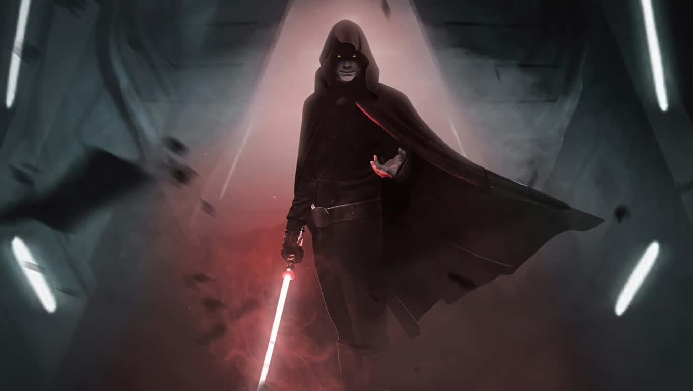 Sith Lord 桌布 壁紙 — 一位戴著兜帽的西斯尊主，雙眼發出黃光，在一個由垂直霓虹燈照亮的黑暗未來主義走廊中揮舞著紅色光劍。