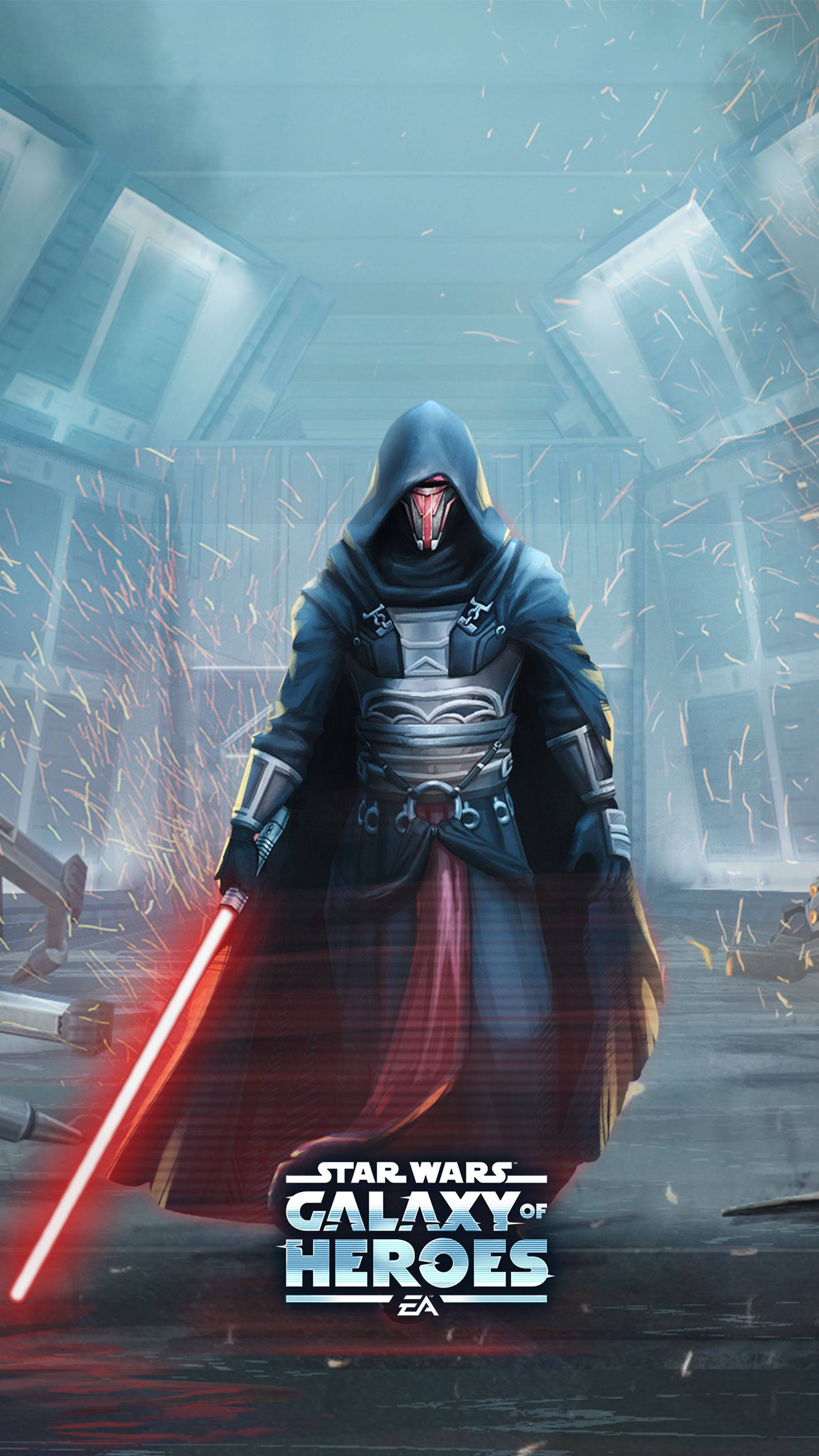 Revan 桌布 壁紙 — 一位戴著兜帽的西斯尊主在破碎的未來走廊中，於落下的火花中揮舞著紅色光劍。