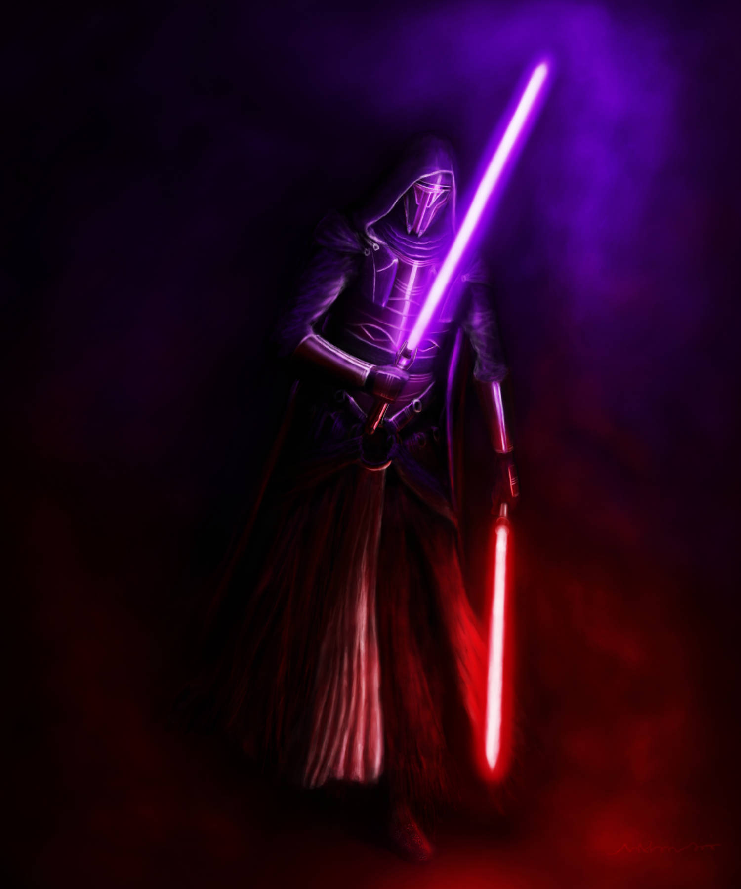 Lightsaber 桌布 壁紙 — 一位戴著兜帽的西斯尊主站在陰影中，揮舞著發光的紫色和紅色光劍，背景是黑暗煙霧繚繞。