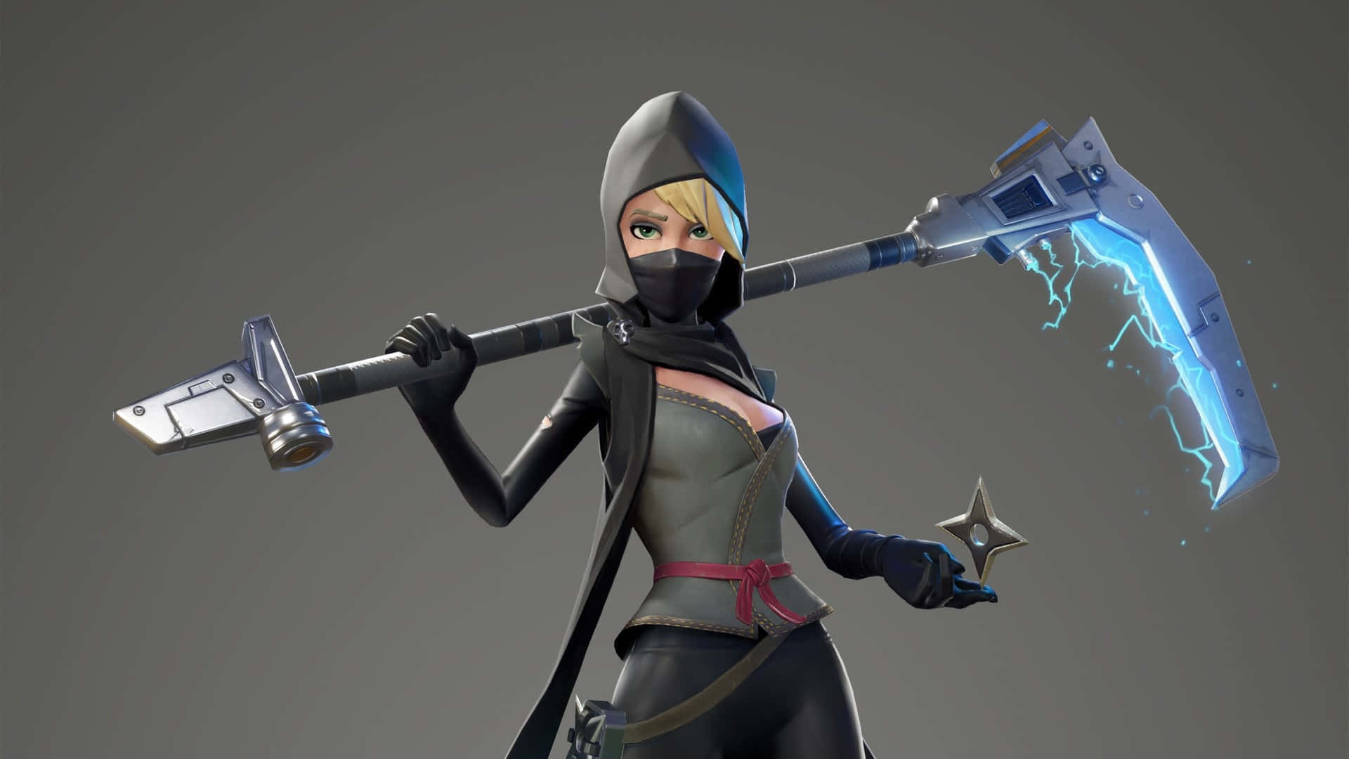 Fortnite Skins Battle Royale 桌布 壁紙 — 一位戴著兜帽的金髮女戰士，在純灰色背景前揮舞著發光的藍色能量鐮刀和手裏劍。