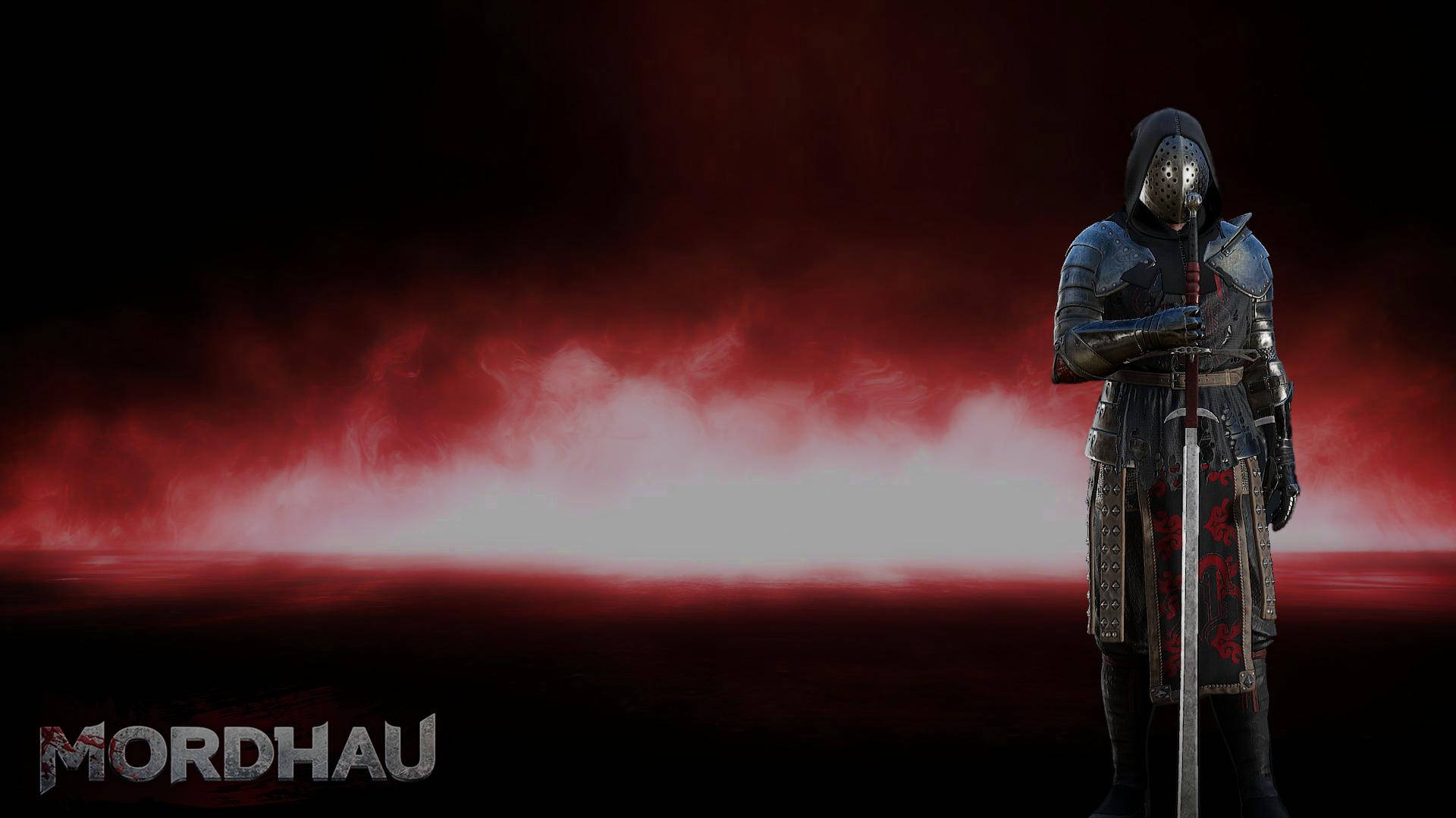 Warrior 桌布 壁紙 — 一位戴著兜帽的騎士穿著精細的盔甲，莊嚴地持劍，背景是戲劇性的紅色和黑色煙霧。