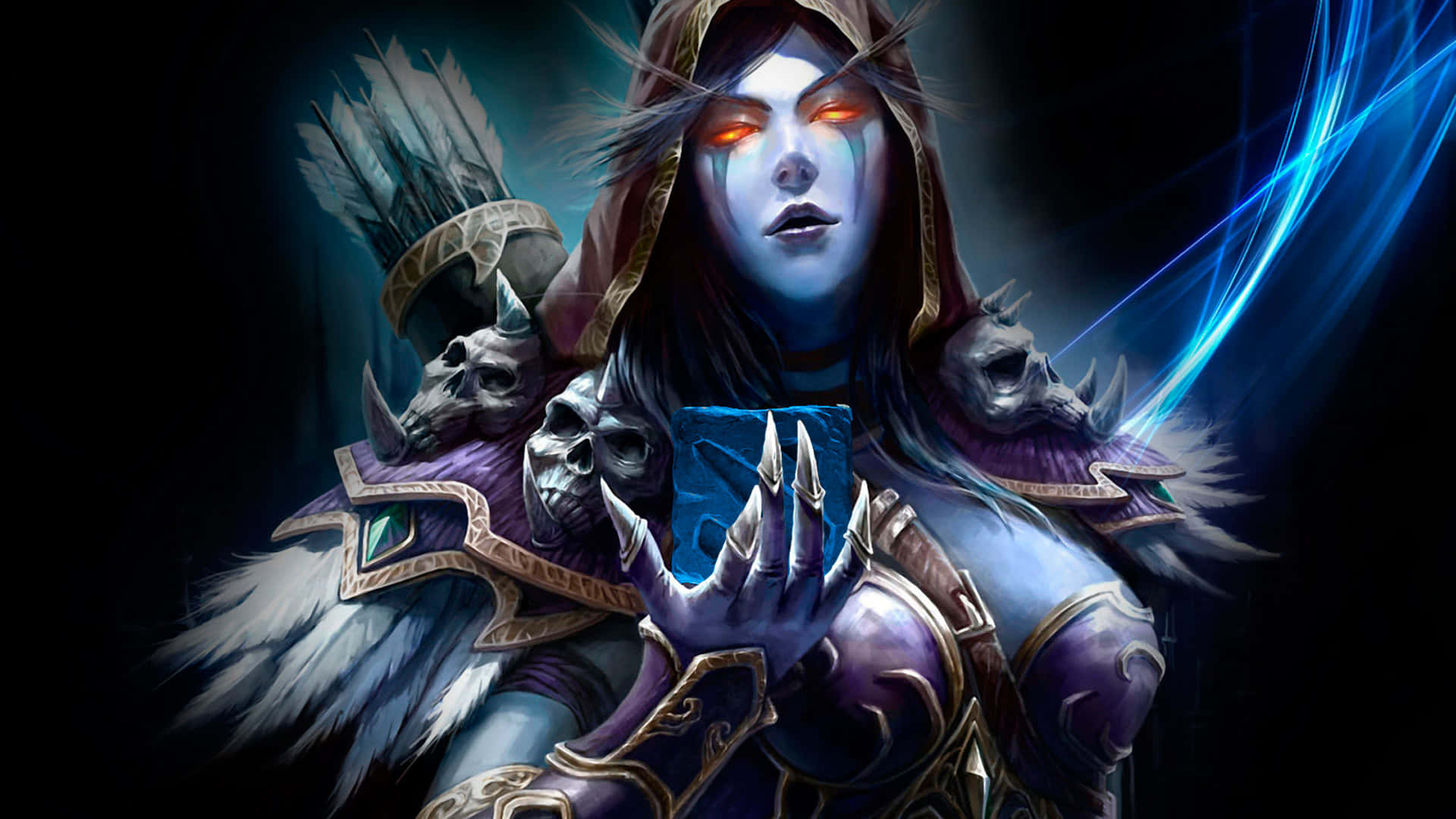 Mirana 桌布 壁紙 — 一位戴著兜帽的黑暗奇幻戰士，擁有發光的橙色眼睛和骷髏裝飾，以戲劇性的姿勢引導藍色魔法能量。