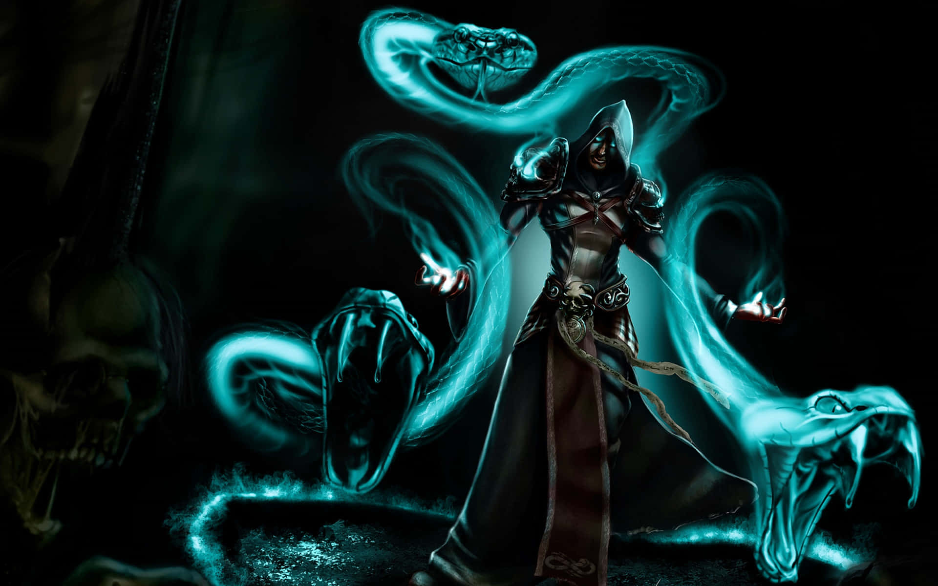 Sorcerer 桌布 壁紙 — 一位戴著兜帽的黑暗法師在一個陰暗、佈滿頭骨的房間中揮舞著發光的青色靈蛇。