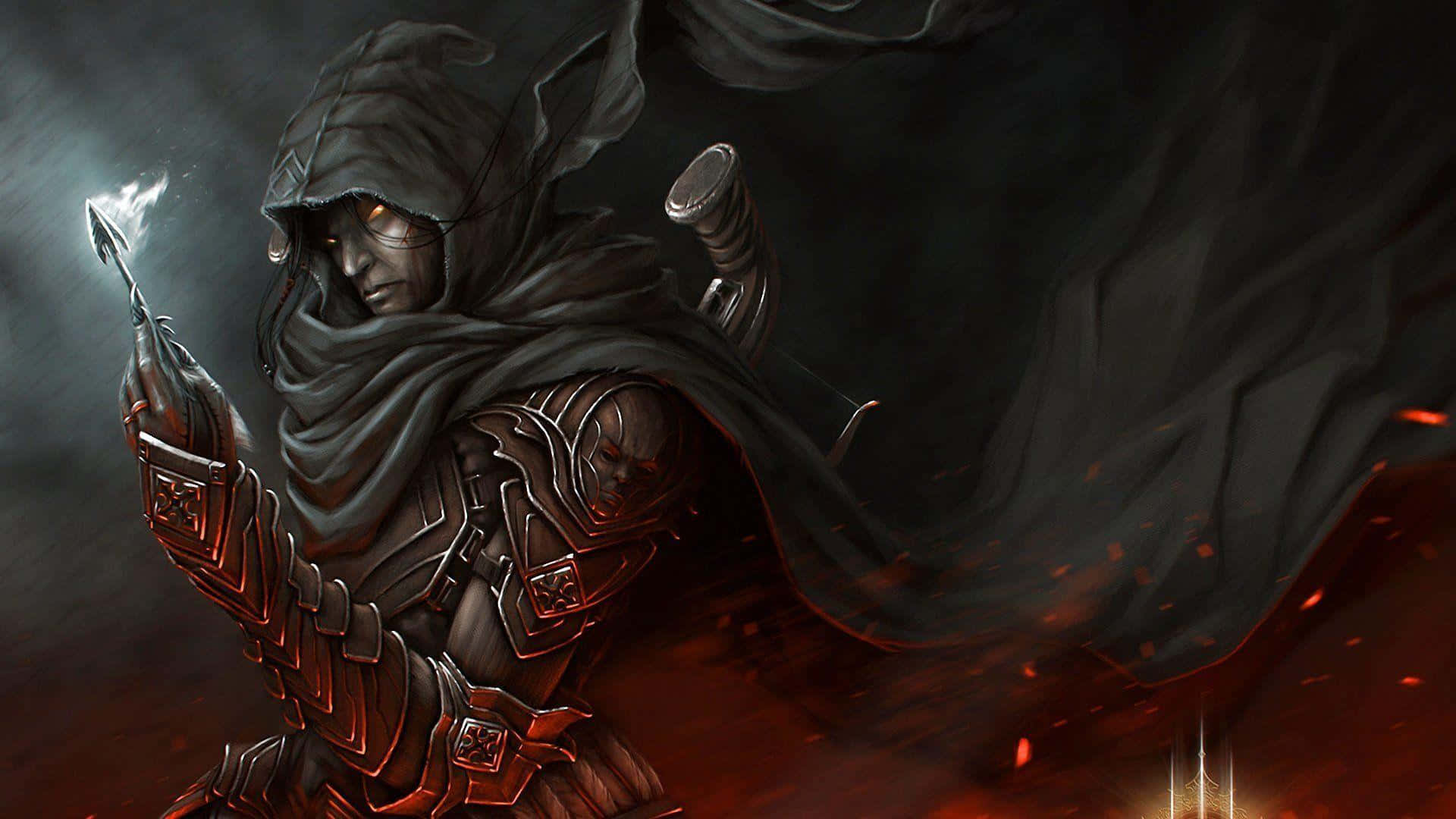 Demon Hunting 桌布 壁紙 — 一位戴著兜帽的黑暗騎士身穿華麗盔甲，在火焰背景和旋轉煙霧中揮舞著發光的匕首。