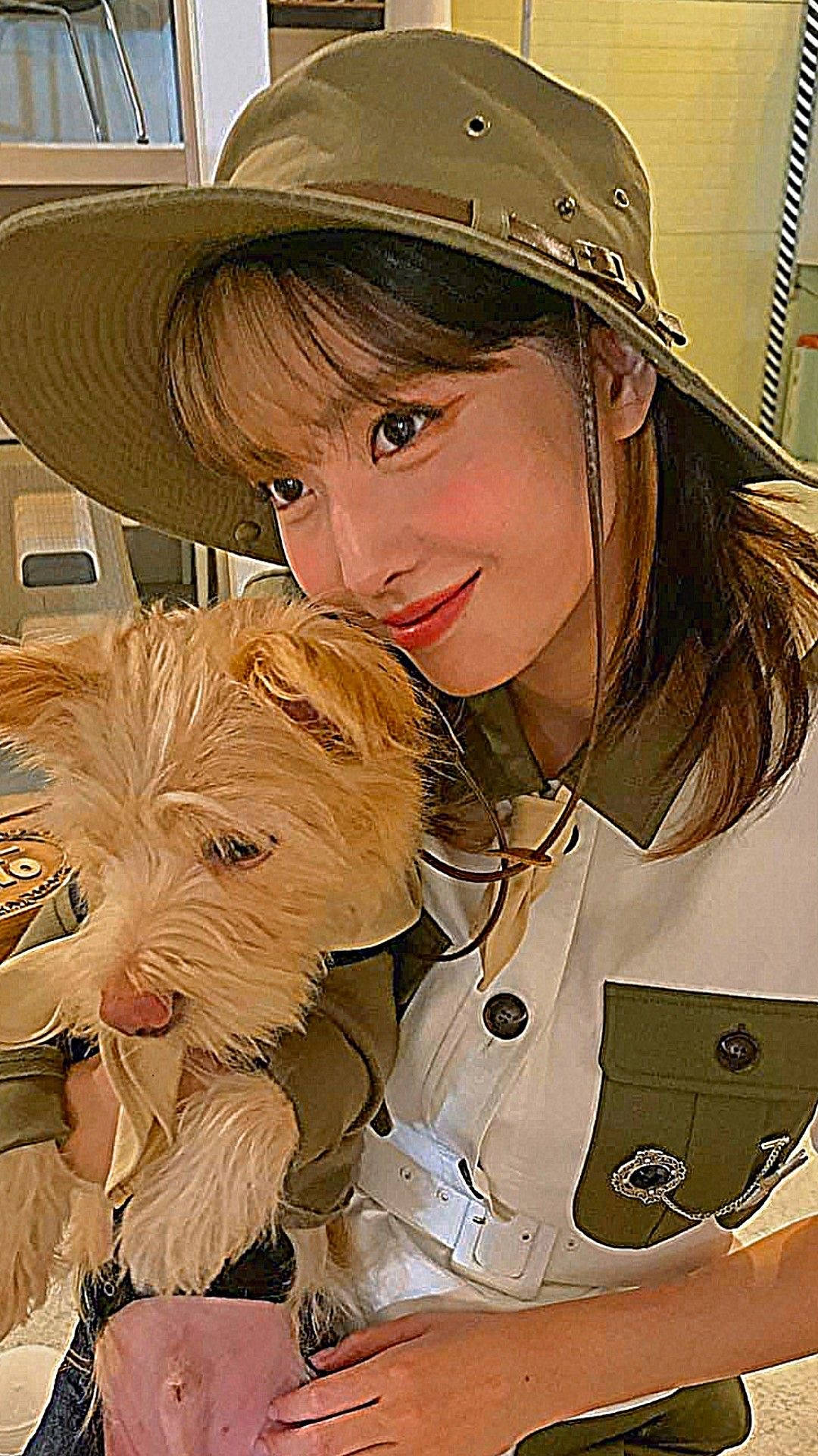 Momo 桌布 壁紙 — 一位戴著卡其色帽子的年輕女性在舒適的室內環境中微笑著抱著一隻毛茸茸的棕褐色狗。