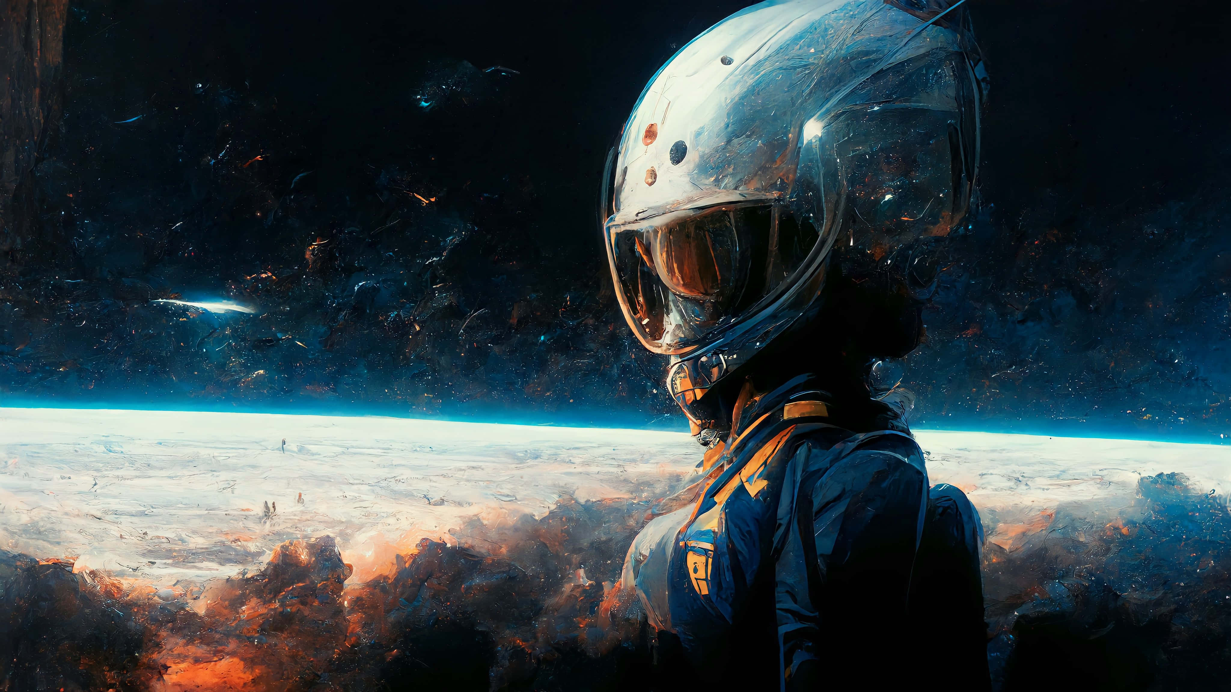 Galaxy Artwork 桌布 壁紙 — 一位戴著反光頭盔的太空人凝視著地球發光的藍色曲線，背景是繁星點點的宇宙虛空。