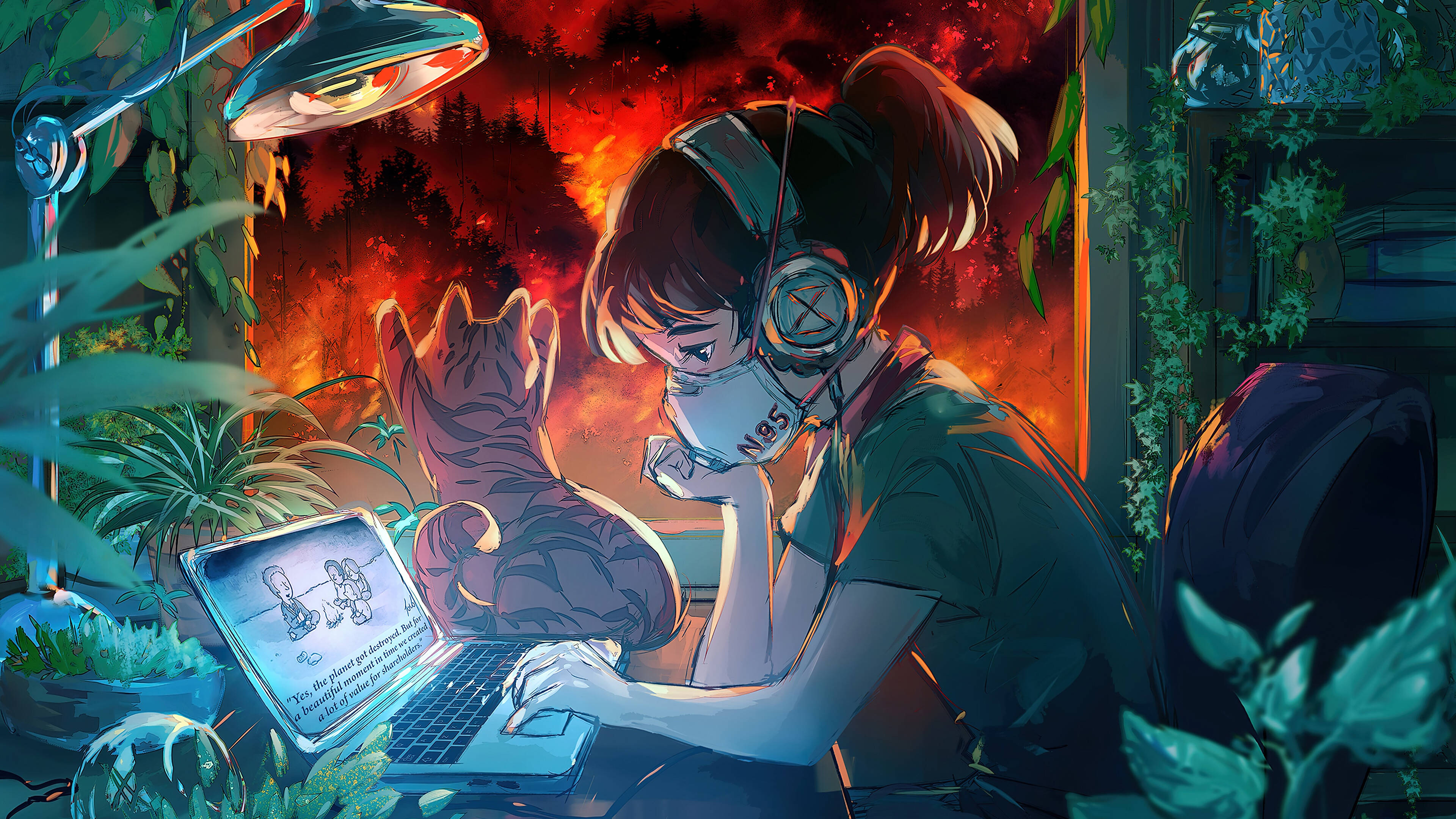 Cool Anime Girl 桌布 壁紙 — 一位戴著口罩和耳機的年輕女性，在火紅天空下被茂密綠植環繞，正在使用筆記型電腦工作。
