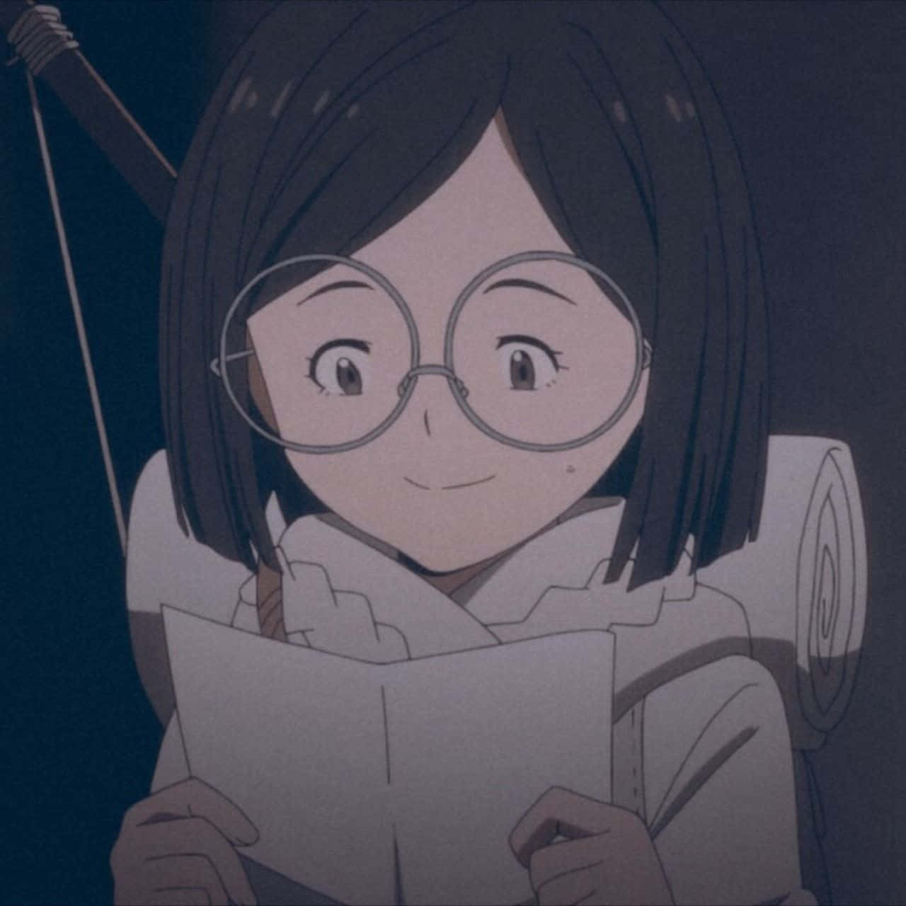 The Promised Neverland Gilda 桌布 壁紙 — 一位戴著圓框眼鏡的年輕動漫女孩在昏暗的藍色燈光下看書，露出溫暖的微笑。
