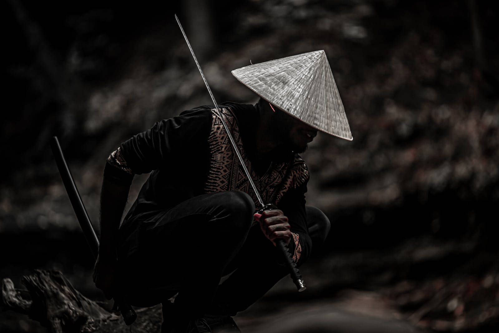 桌布 壁紙 — 一位戴著圓錐帽的孤獨戰士蹲在陰暗的森林中，專注地握著劍。
