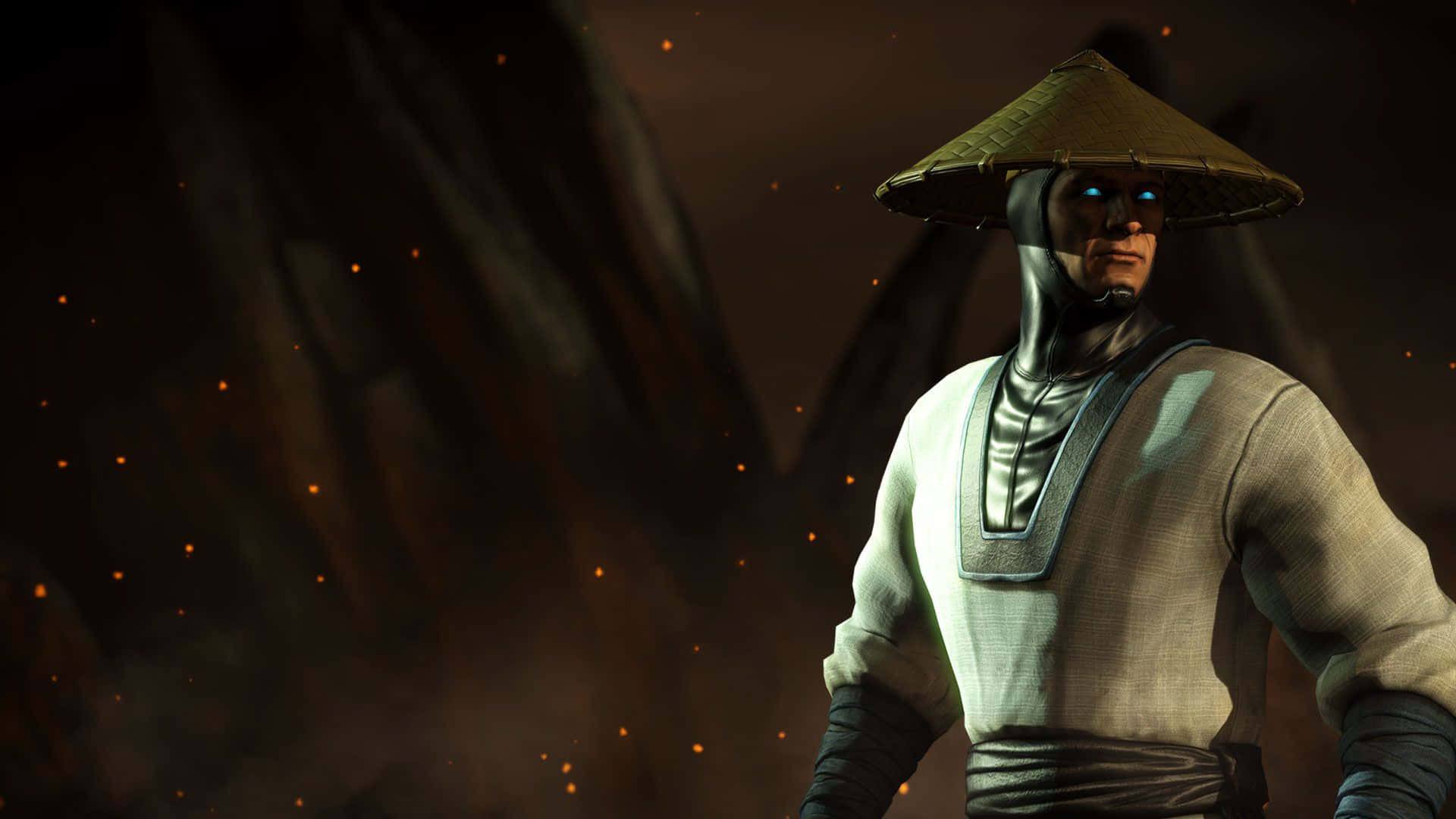 Mortal Kombat Raiden 桌布 壁紙 — 一位戴著圓錐形帽子和白色長袍的武術家站在黑暗、煙霧瀰漫的環境中，周圍漂浮著發光的餘燼。
