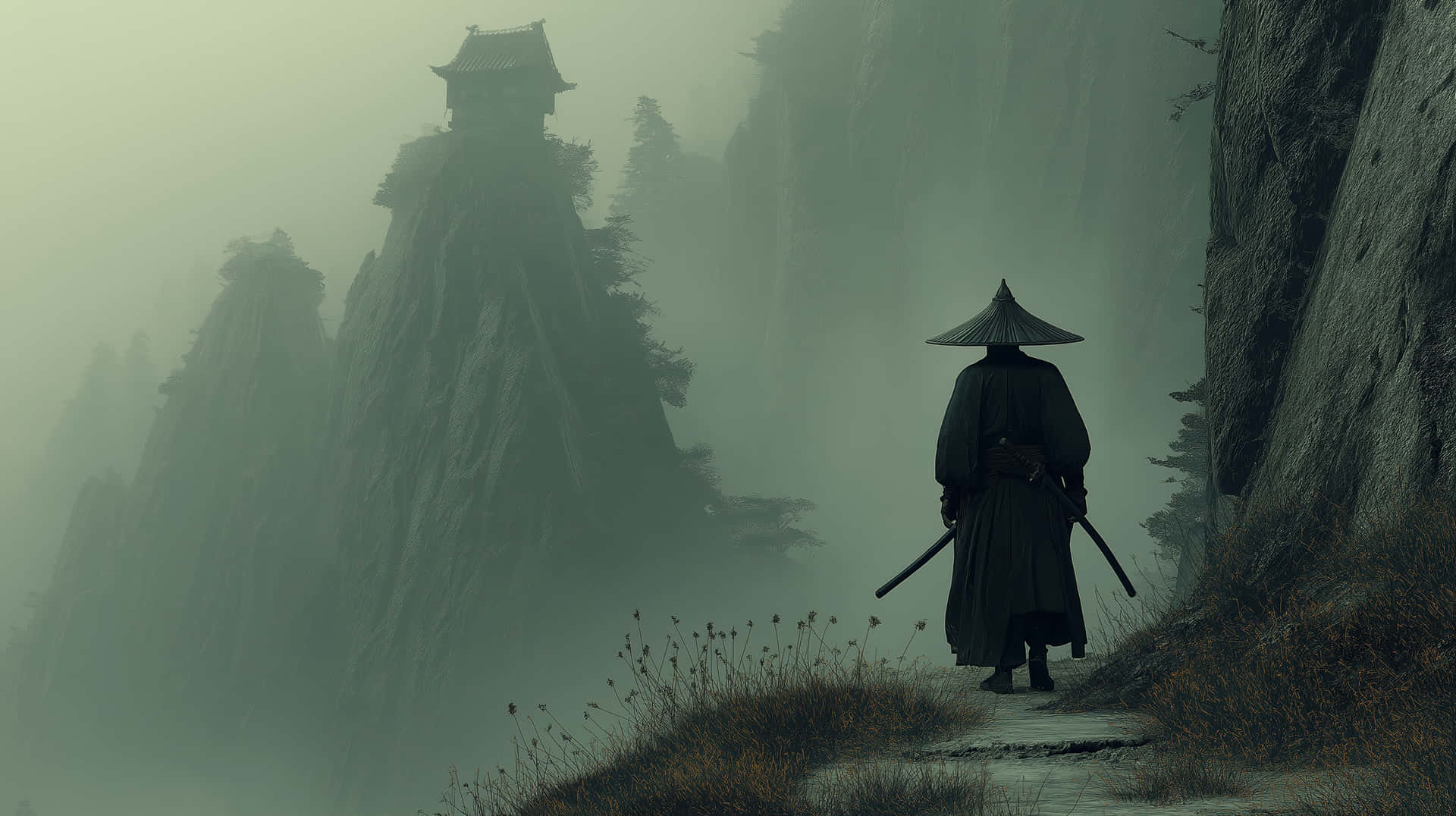 Lone Samurai in Misty Mountains: A Serene and Mysterious Scene 壁紙 — 一位戴著圓錐形帽子的孤獨武士沿著霧氣瀰漫的山路走向遠處岩石山峰上的寺廟。