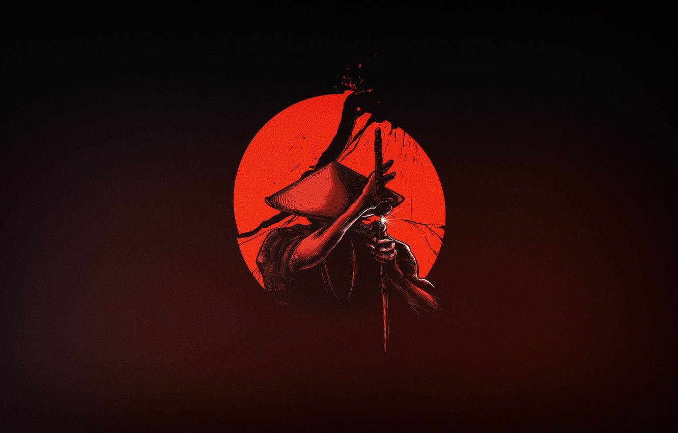 日本武士 桌布 壁紙 — 一位戴著圓錐形帽子的武士戰士，在血紅色圓形背景上手持劍，背景有深色飛濺。