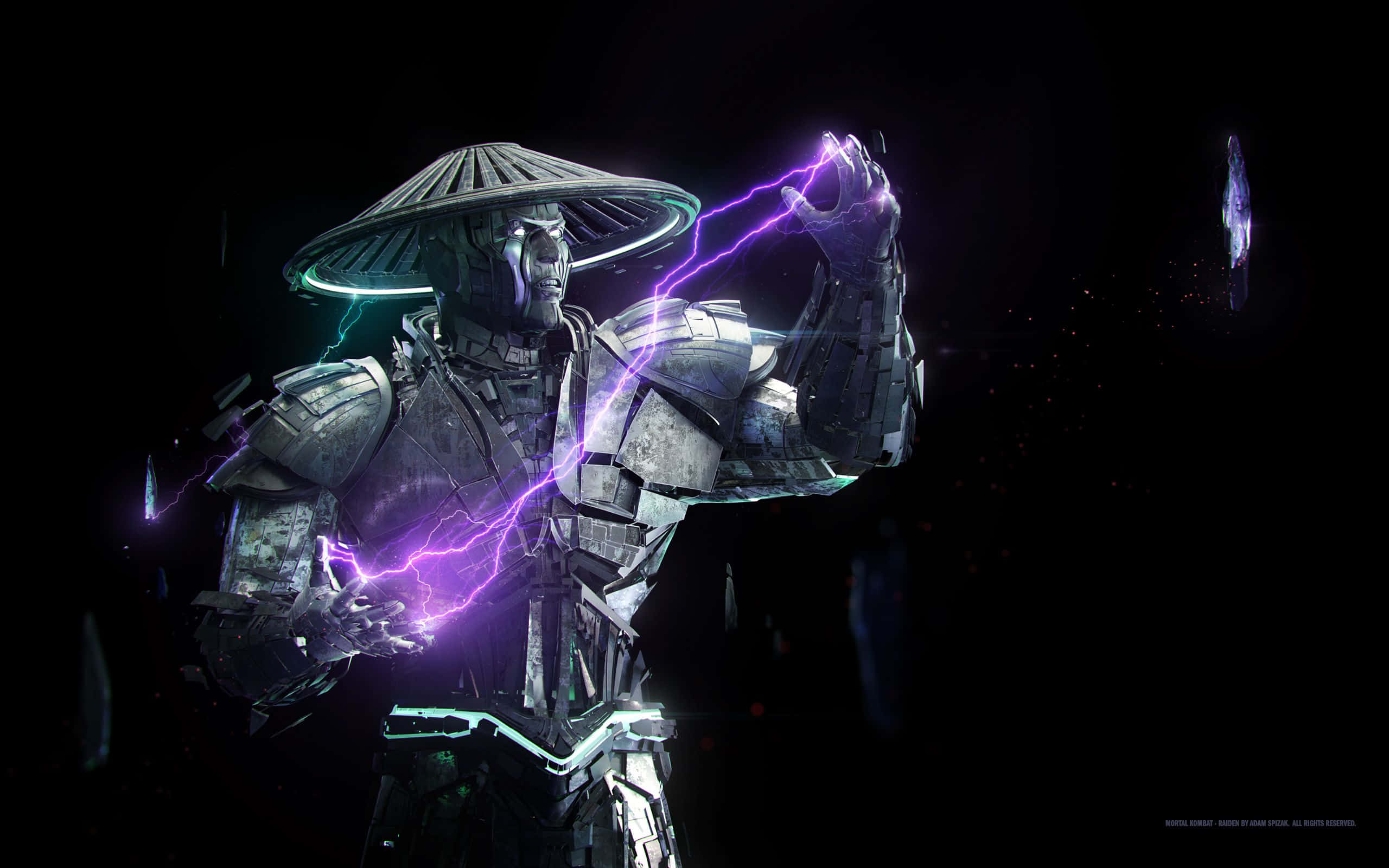 Mortal Kombat Raiden 桌布 壁紙 — 一位戴著圓錐形帽子的網路戰士，在黑暗虛空中引導紫色閃電，伴隨著發光粒子。