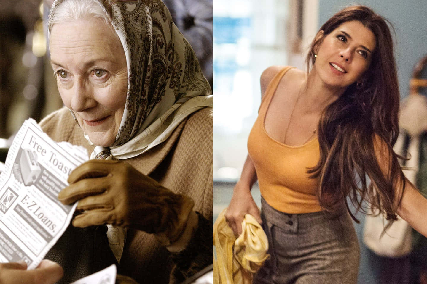 Aunt May 桌布 壁紙 — 一位戴著圖案頭巾的老年婦女正在閱讀報紙，而一位穿著黃色上衣的年輕女子在她旁邊微笑。