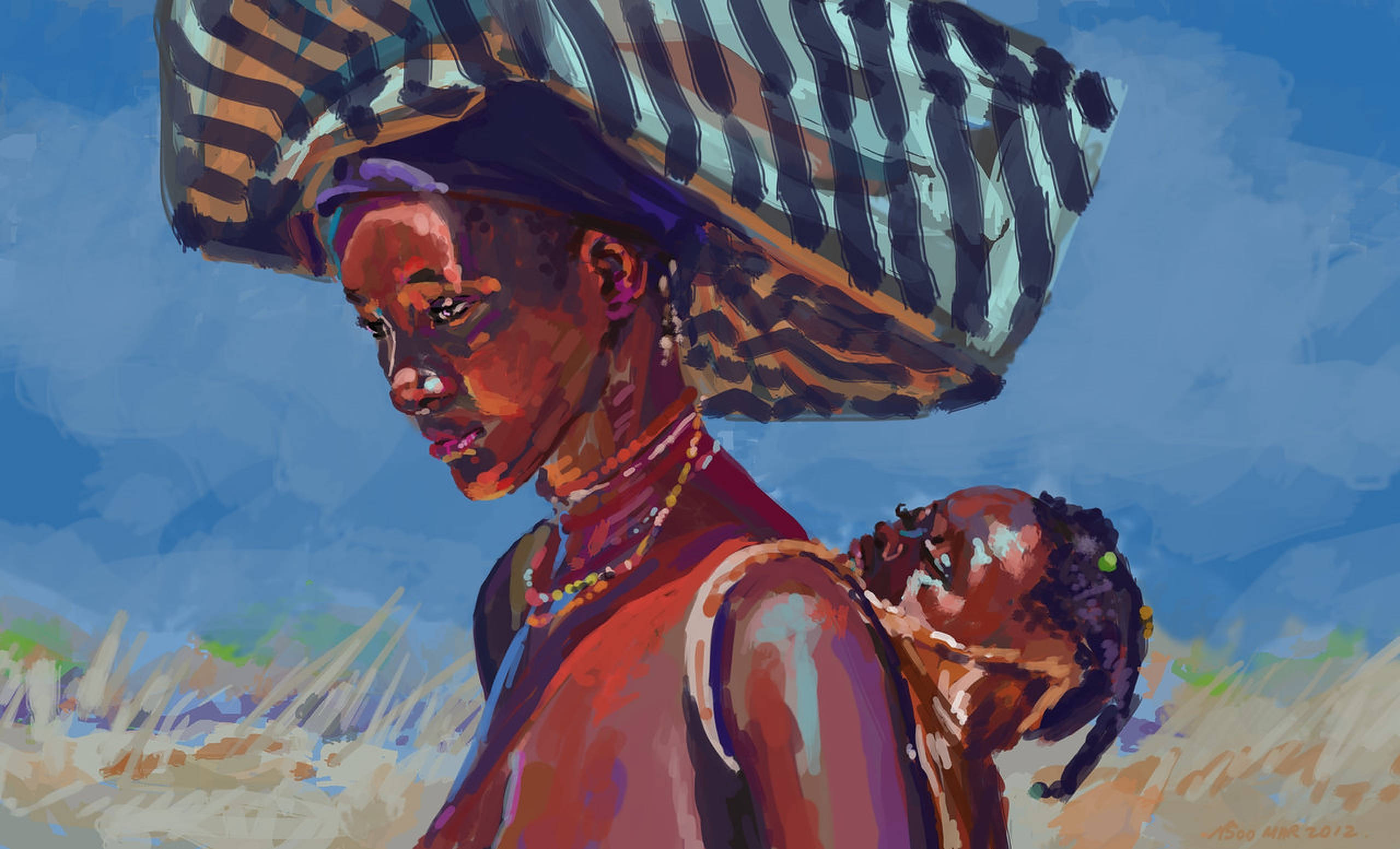 Angola 桌布 壁紙 — 一位戴著大條紋帽子的女人，在明亮的藍天和乾草背景下背著一個孩子。
