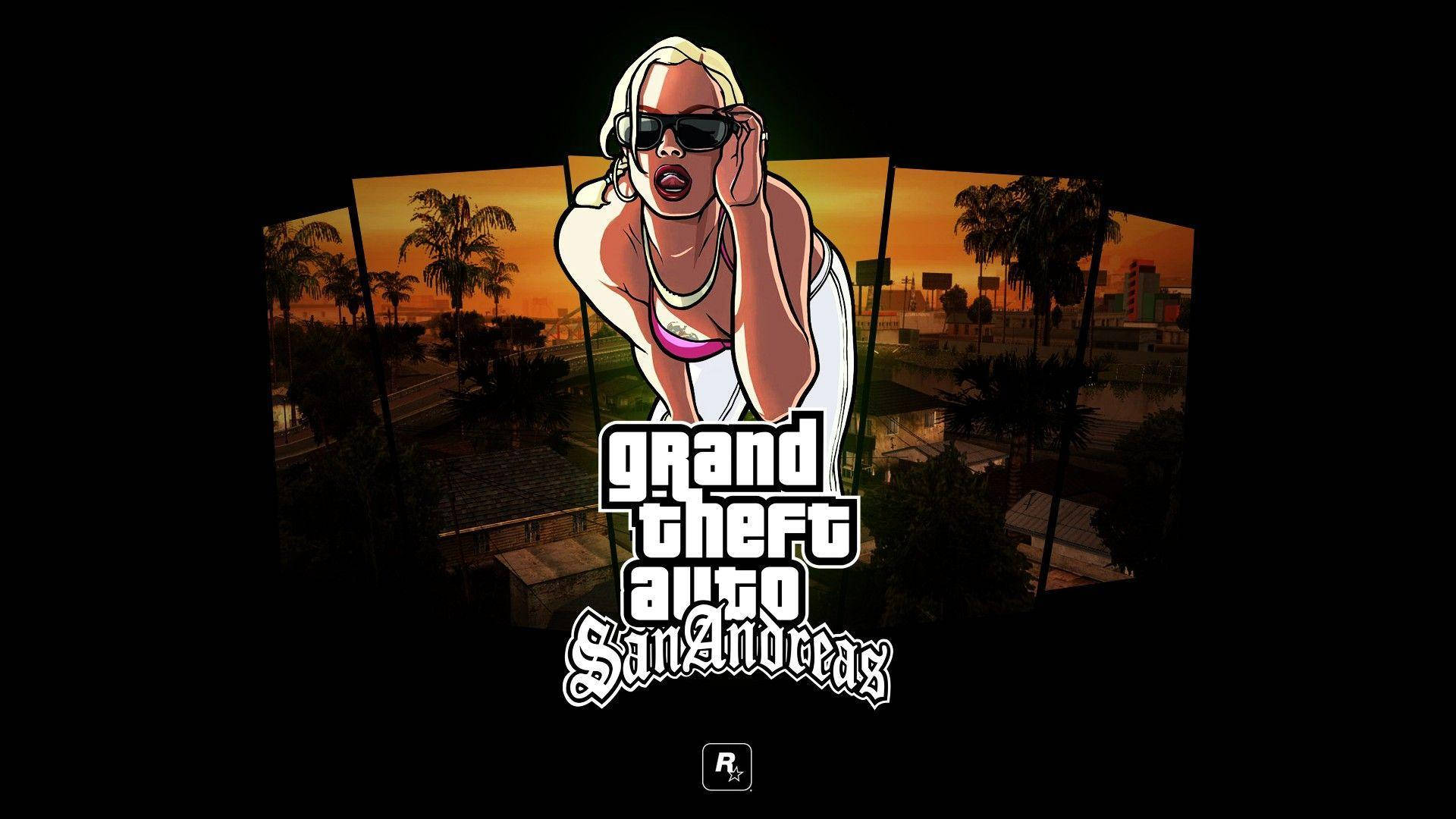 GTA 聖安地列斯 桌布 壁紙 — 一位戴著太陽眼鏡、身穿白色背心的時尚金髮女性，在夕陽城市景觀背景下向前傾，背景有棕櫚樹和 Grand Theft Auto San Andreas 標誌。