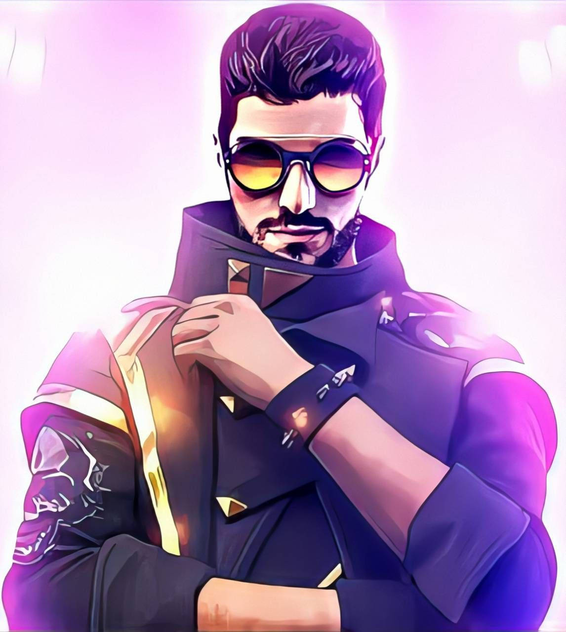 Free Fire Dj Alok 桌布 壁紙 — 一位戴著太陽眼鏡和紫色外套的時尚男士在發光的粉紅色背景前整理衣領。