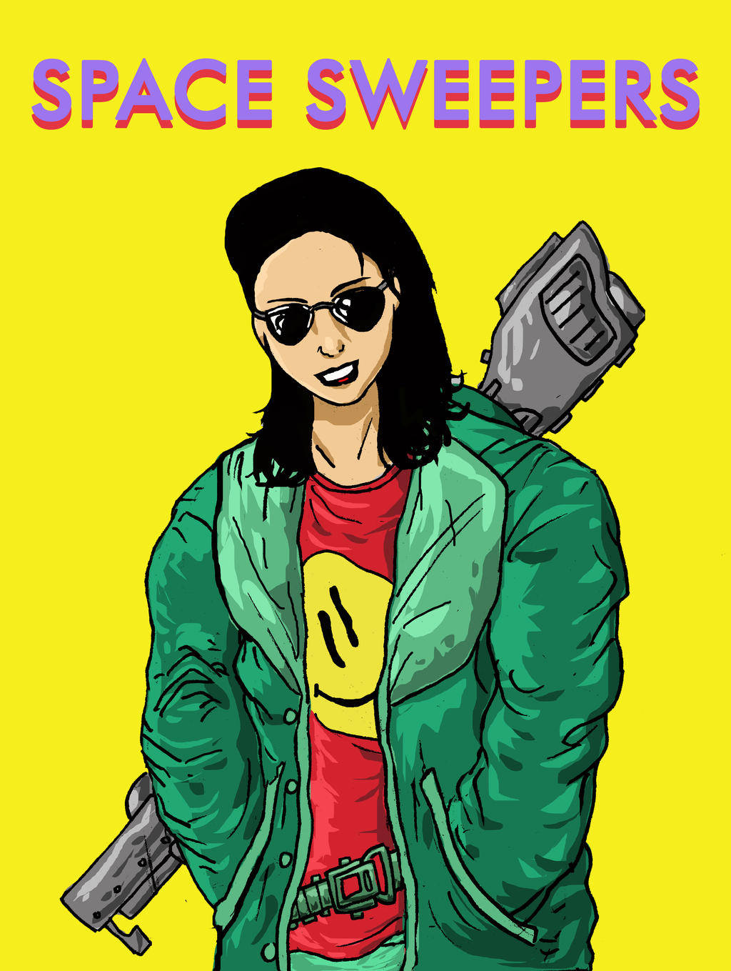 Space Sweepers 桌布 壁紙 — 一位戴著太陽眼鏡和綠色外套的風格化插圖女性，在明亮的黃色背景上持有未來武器，並帶有「SPACE SWEEPERS」文字。