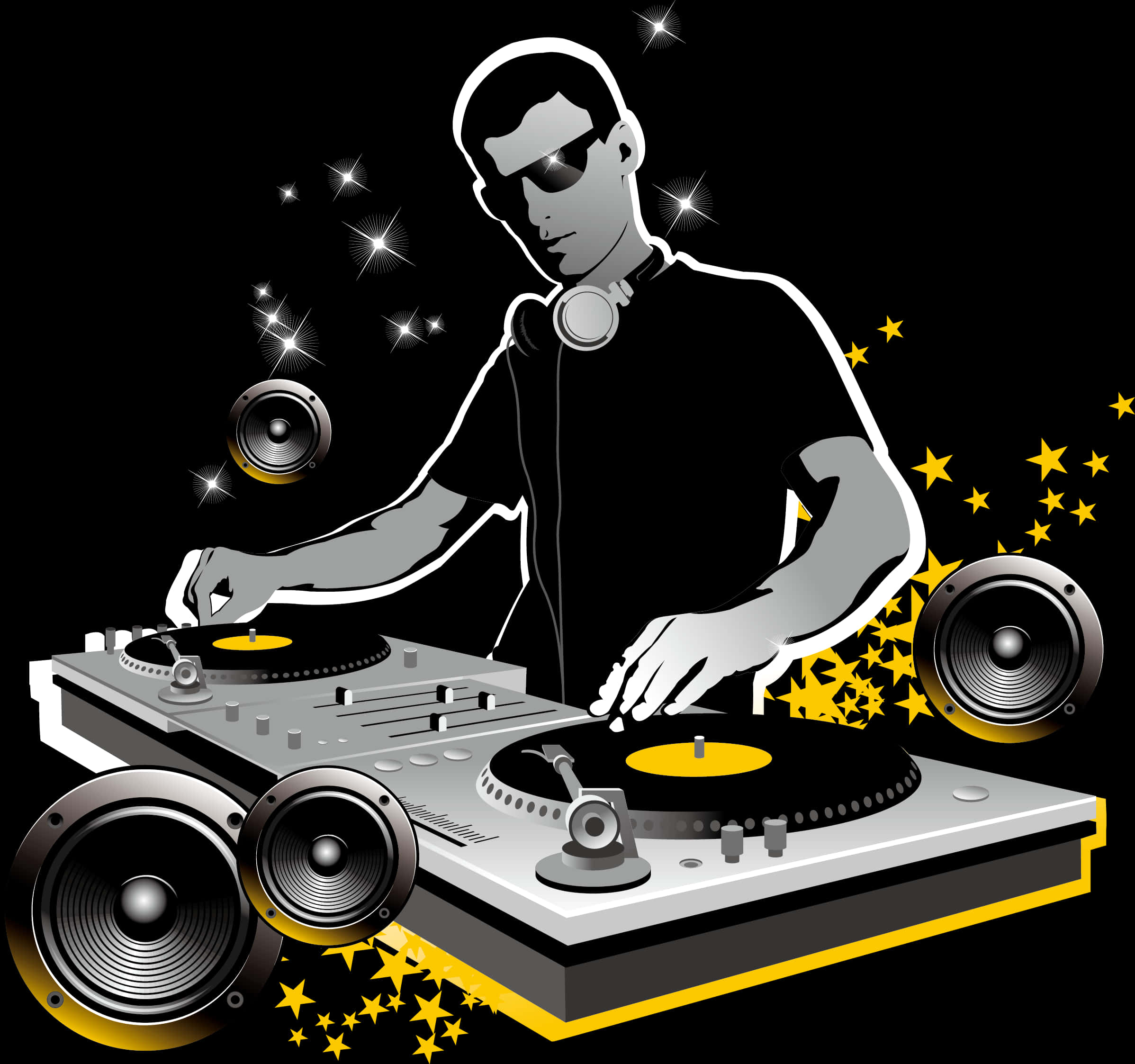 Dj Logo 桌布 壁紙 — 一位戴著太陽眼鏡的時尚DJ在黑色背景前，被發光的揚聲器和閃爍的星星包圍，正在唱盤上混音唱片。