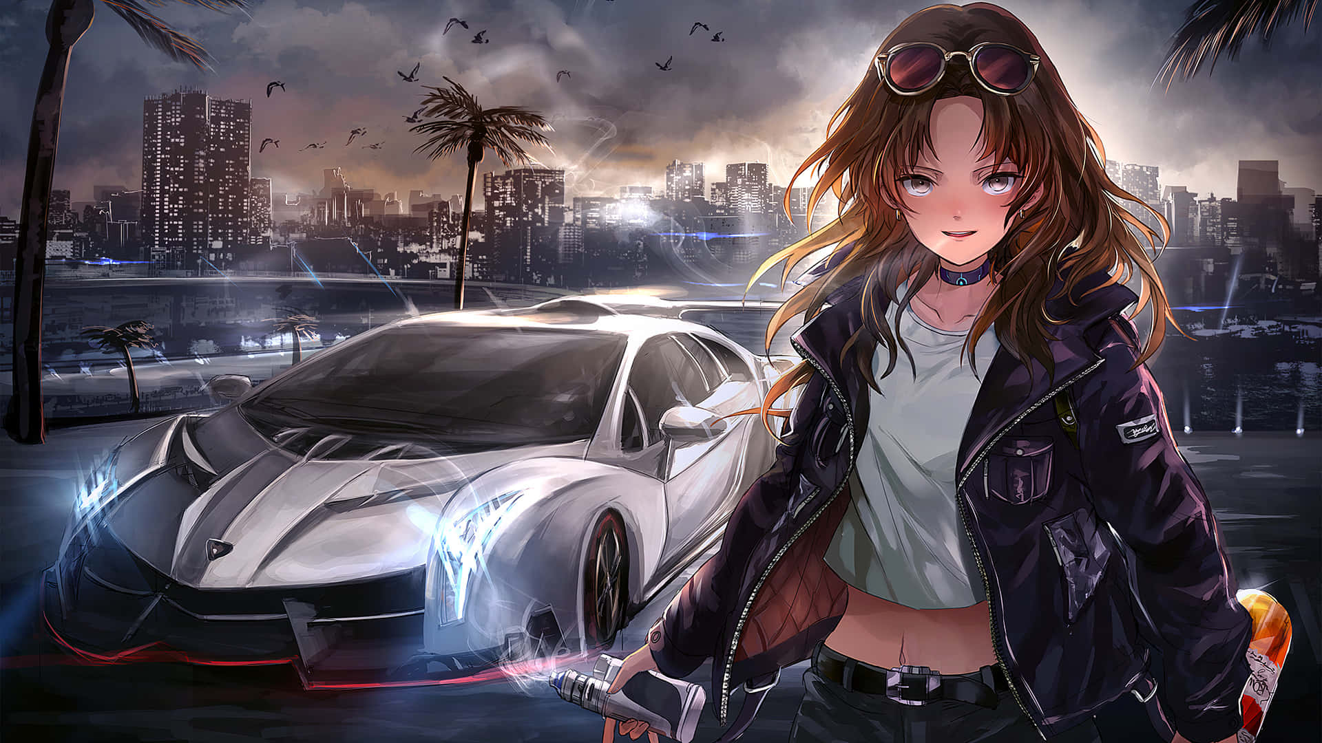 動漫車 桌布 壁紙 — 一位戴著太陽眼鏡的時尚動漫女孩，站在一輛閃亮的白色跑車旁，背景是雨中的城市天際線，有棕櫚樹和飛鳥。
