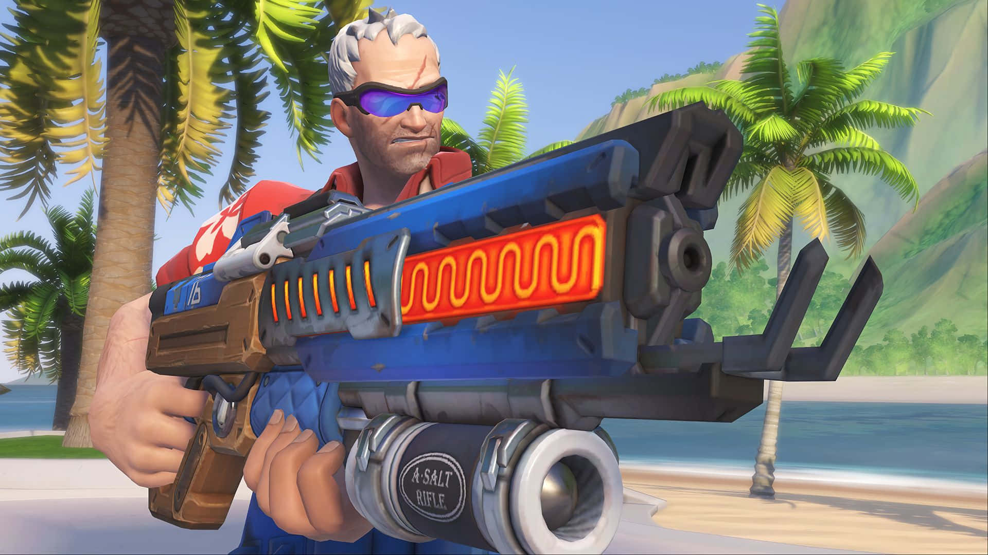 Soldier 76 桌布 壁紙 — 一位戴著太陽眼鏡的灰白髮男子在熱帶海灘上，背景有棕櫚樹和海洋，手持一把發光的藍橙色武器。