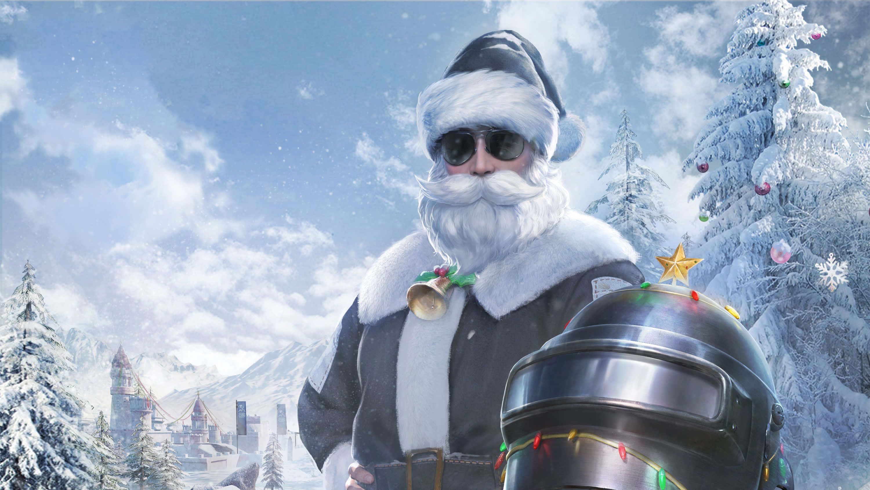 Winter Games 桌布 壁紙 — 一位戴著太陽眼鏡的酷聖誕老人站在裝飾過的頭盔旁邊，身處白雪覆蓋的山村，天空湛藍明亮。