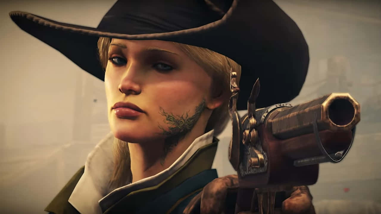 Greedfall 桌布 壁紙 — 一位戴著寬邊帽的堅定女性，臉頰上有花卉刺青，手持華麗手槍，背景模糊。