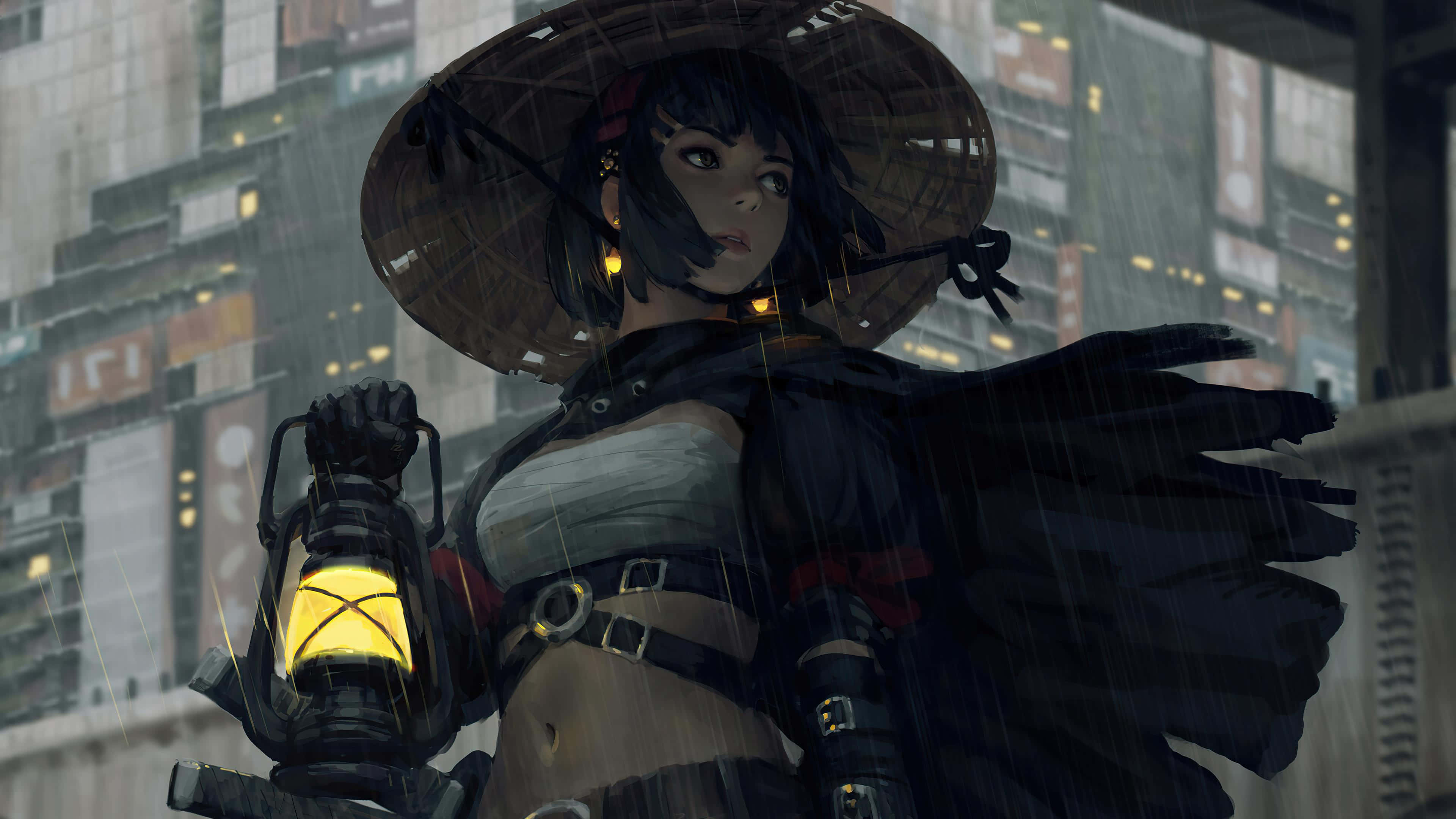 動漫女孩 桌布 壁紙 — 一位戴著寬邊帽的孤獨戰士，在雨滴落在模糊的城市天際線背景下，手持一盞發光的燈籠。