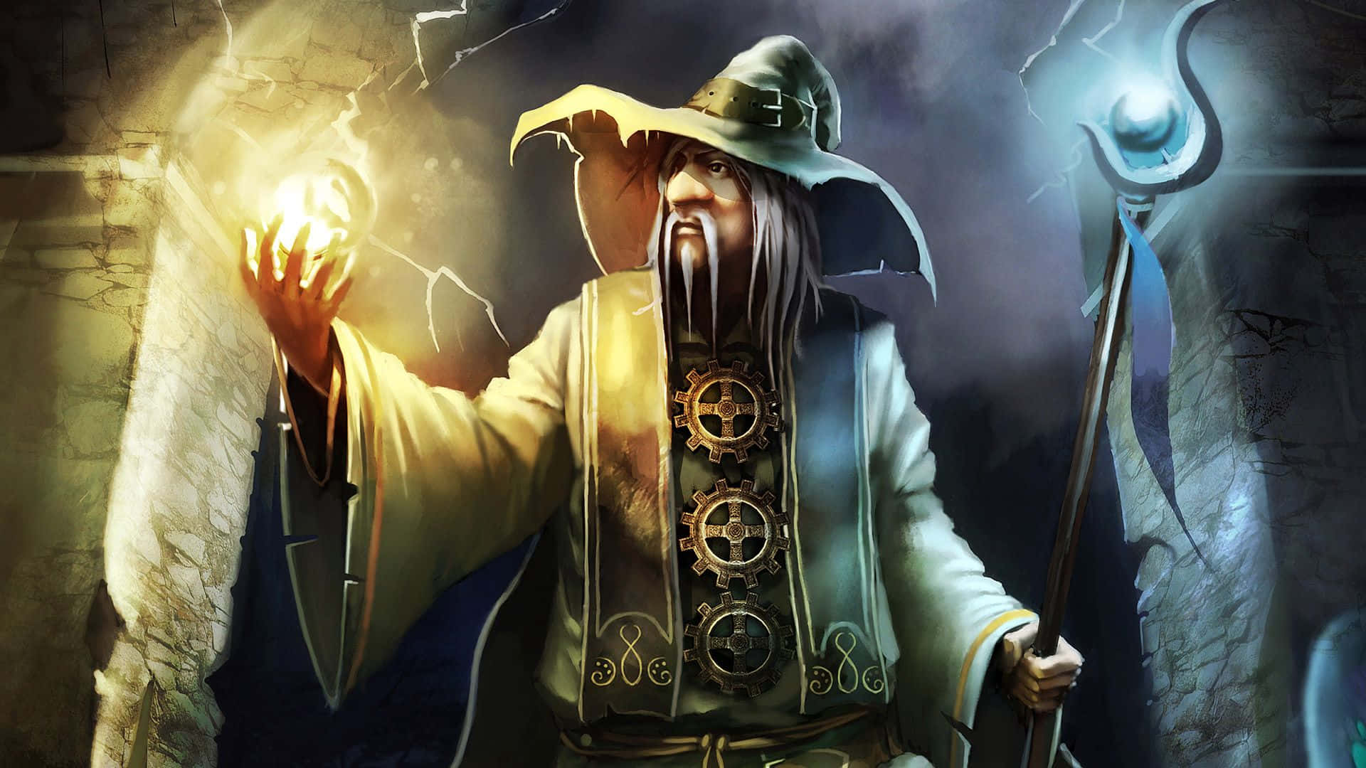 Wizardry 桌布 壁紙 — 一位戴著寬邊帽的巫師，在昏暗的石室中手持法杖，從手中引導出發光的魔法。