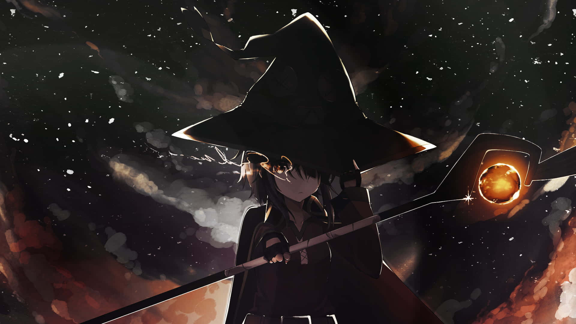 Witching Hour 桌布 壁紙 — 一位戴著寬邊帽的年輕女巫，在星辰和旋轉星雲的宇宙背景下，手持發光法杖。
