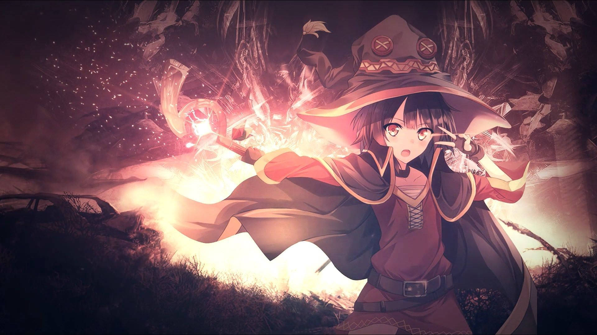 Megumin 桌布 壁紙 — 一位戴著寬邊帽的年輕女巫在黃昏的黑暗森林中施展發光的魔法咒語。