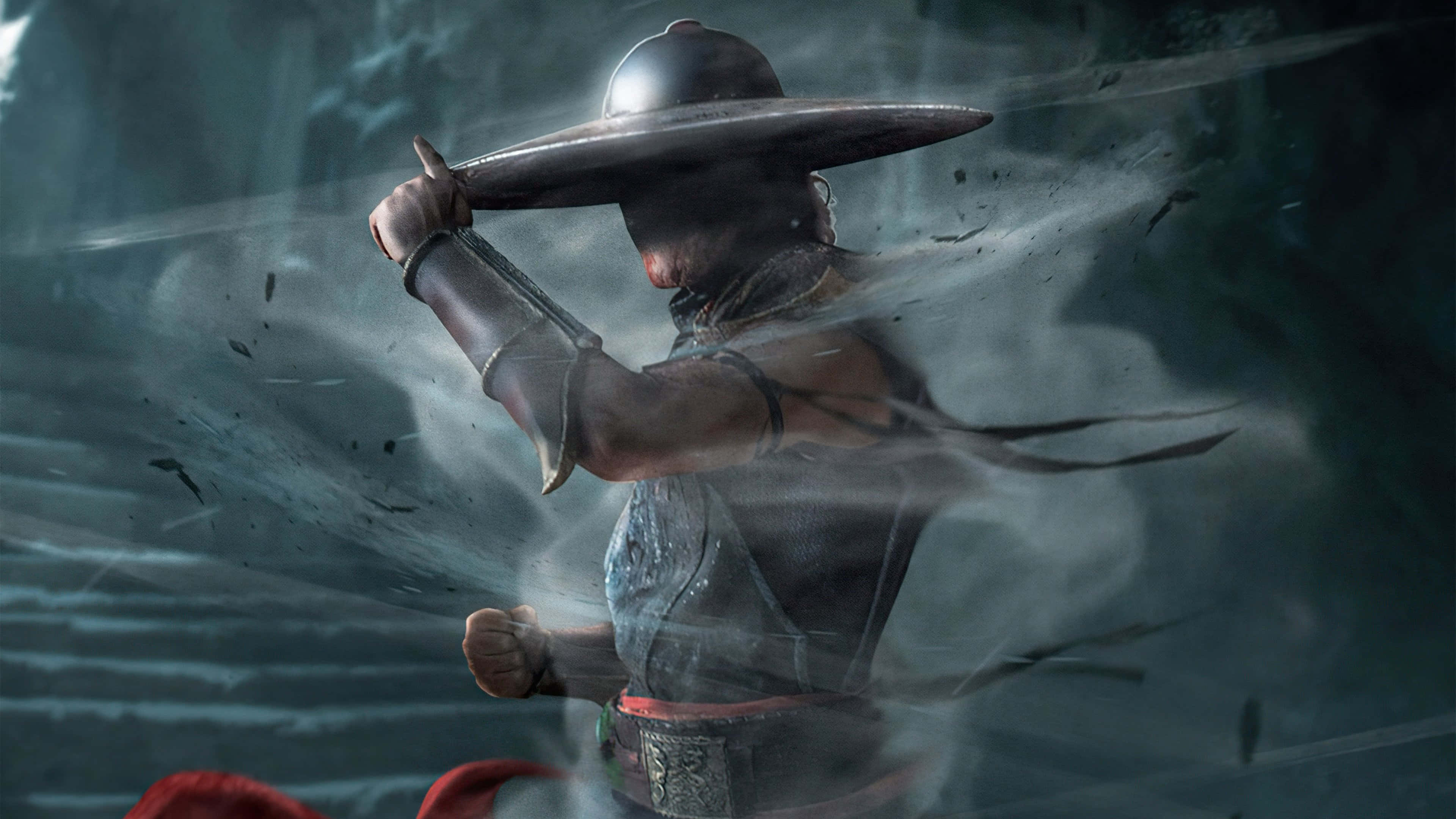 Mortal Kombat Kung Lao 桌布 壁紙 — 一位戴著寬邊帽的戰士在黑暗、暴風雨的環境中用劍劈開迷霧。