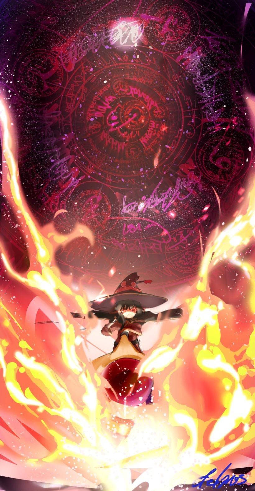 Megumin 桌布 壁紙 — 一位戴著寬邊帽的火焰動畫法師，在旋轉的宇宙符印背景下釋放出熾熱的法術。