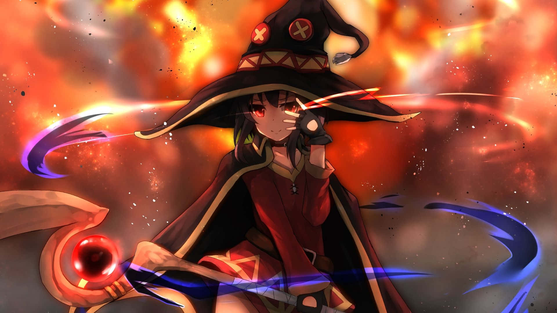 Konosuba 桌布 壁紙 — 一位戴著寬邊帽的熾熱動漫女巫，在熾熱的橙色和紅色宇宙背景下揮舞著發光的魔法。