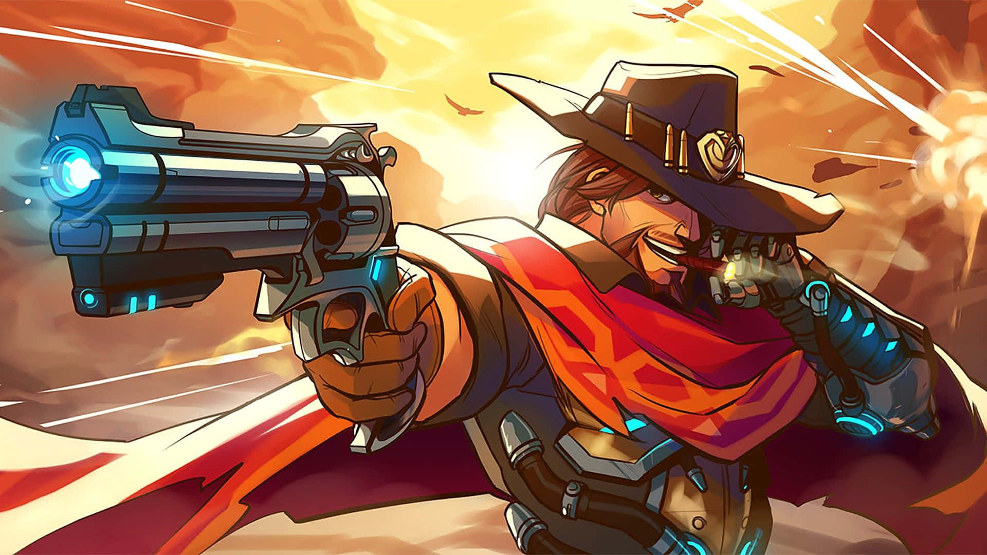 Overwatch Mccree 桌布 壁紙 — 一位戴著寬邊帽的牛仔英雄在熾熱的日落背景下發射發光的未來左輪手槍。